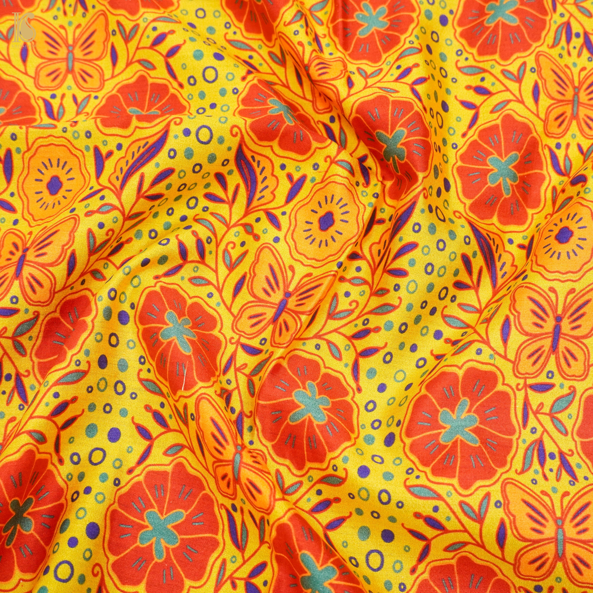 Poppy Yellow & Orange Titli Print Chiniya Silk Fabric - Khinkhwab