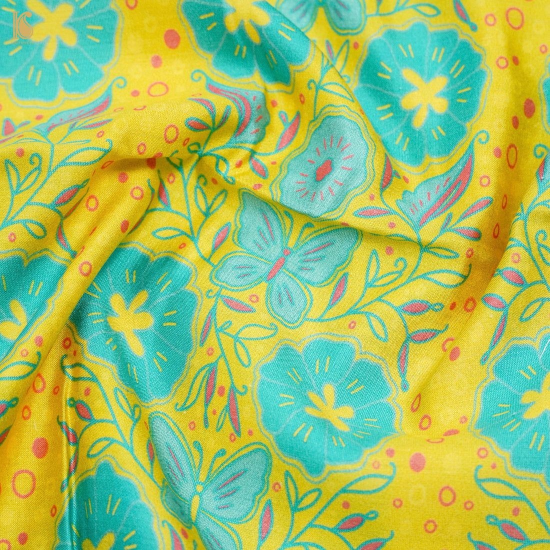 Poppy Lime Yellow & Teal Titli Print Chiniya Silk Fabric - Khinkhwab