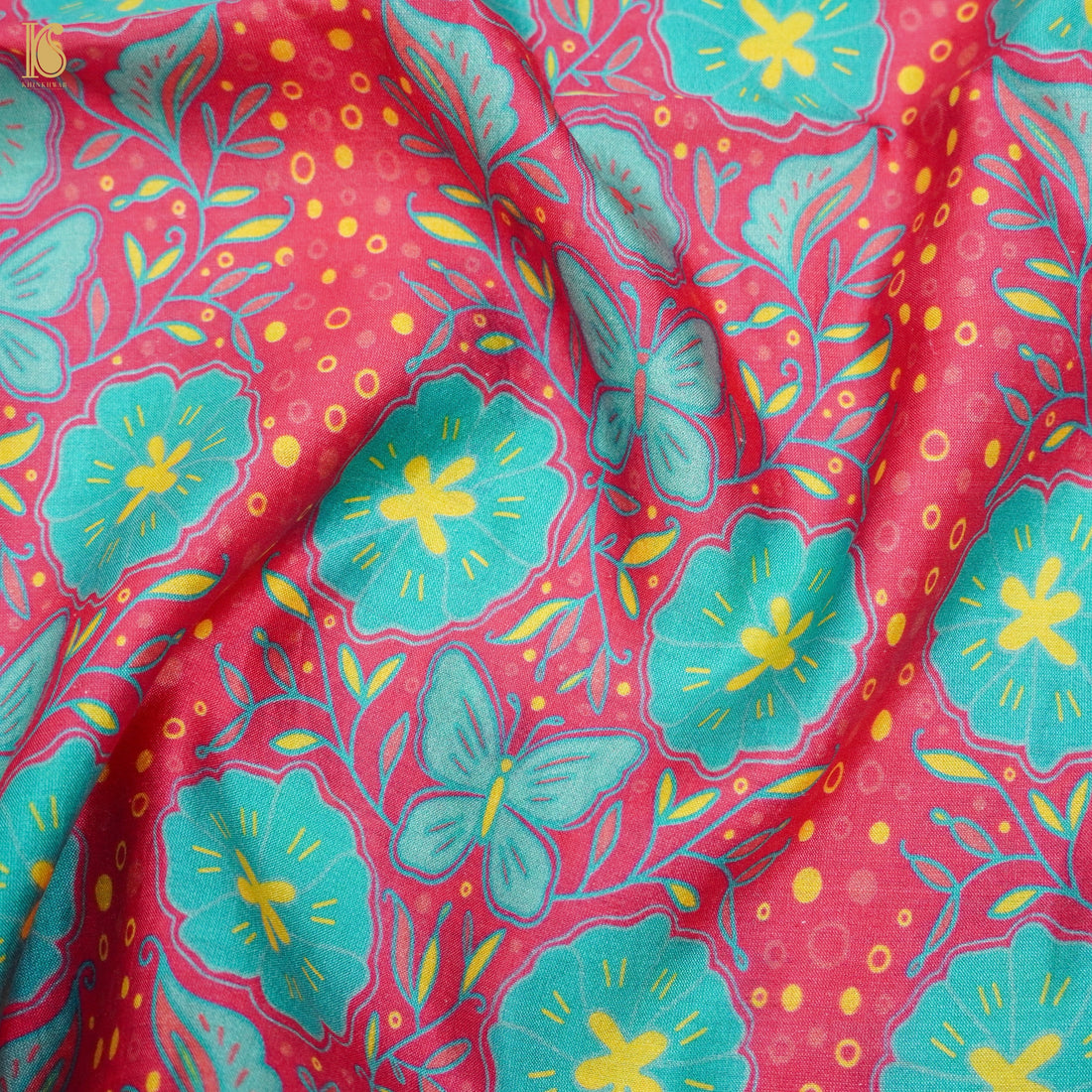Poppy Red & Teal Titli Print Chiniya Silk Fabric - Khinkhwab