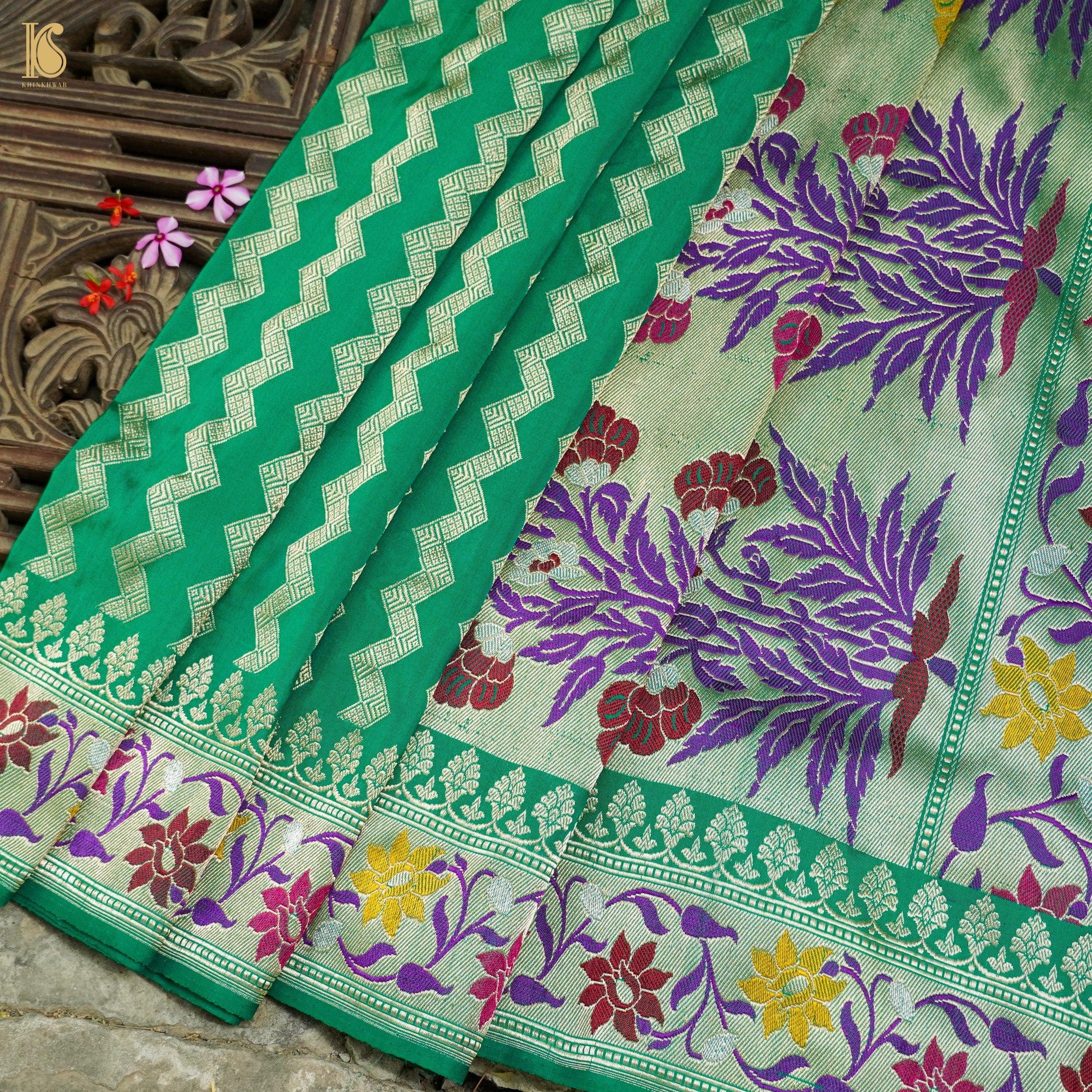 Green Pure Katan Silk Handwoven Banarasi Kadwa Revival Saree - Khinkhwab