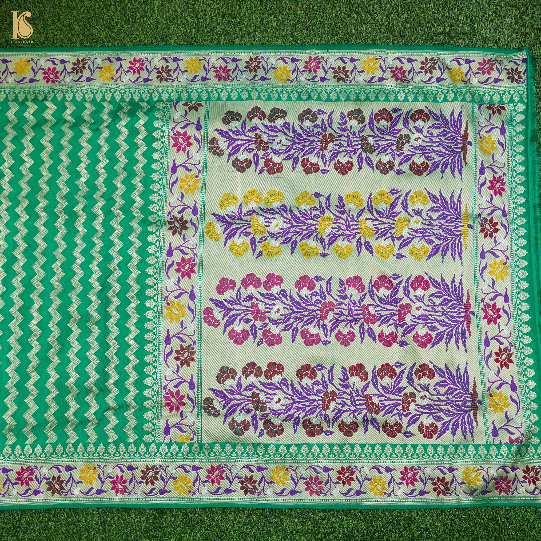 Green Pure Katan Silk Handwoven Banarasi Kadwa Revival Saree - Khinkhwab