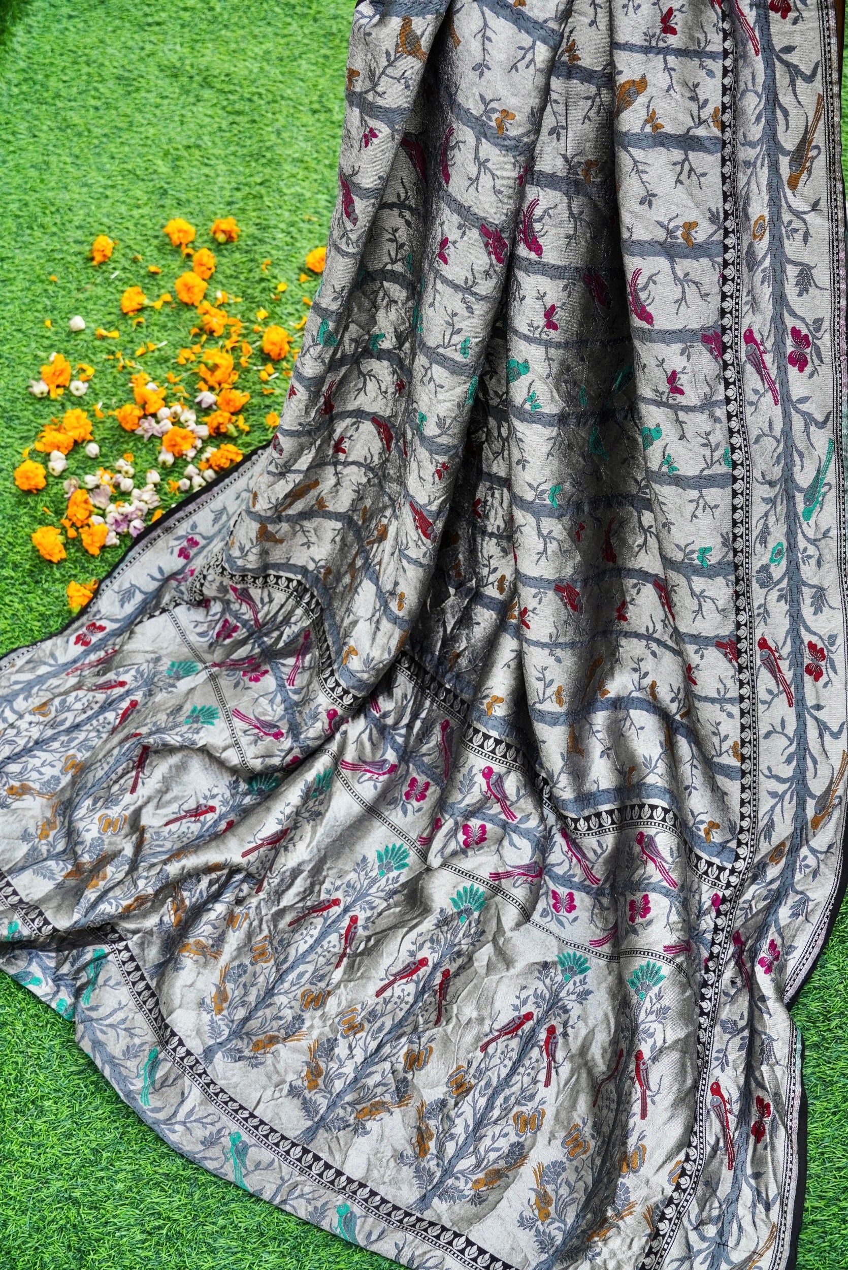 Handwoven Banarasi Tussar Georgette Bird Saree