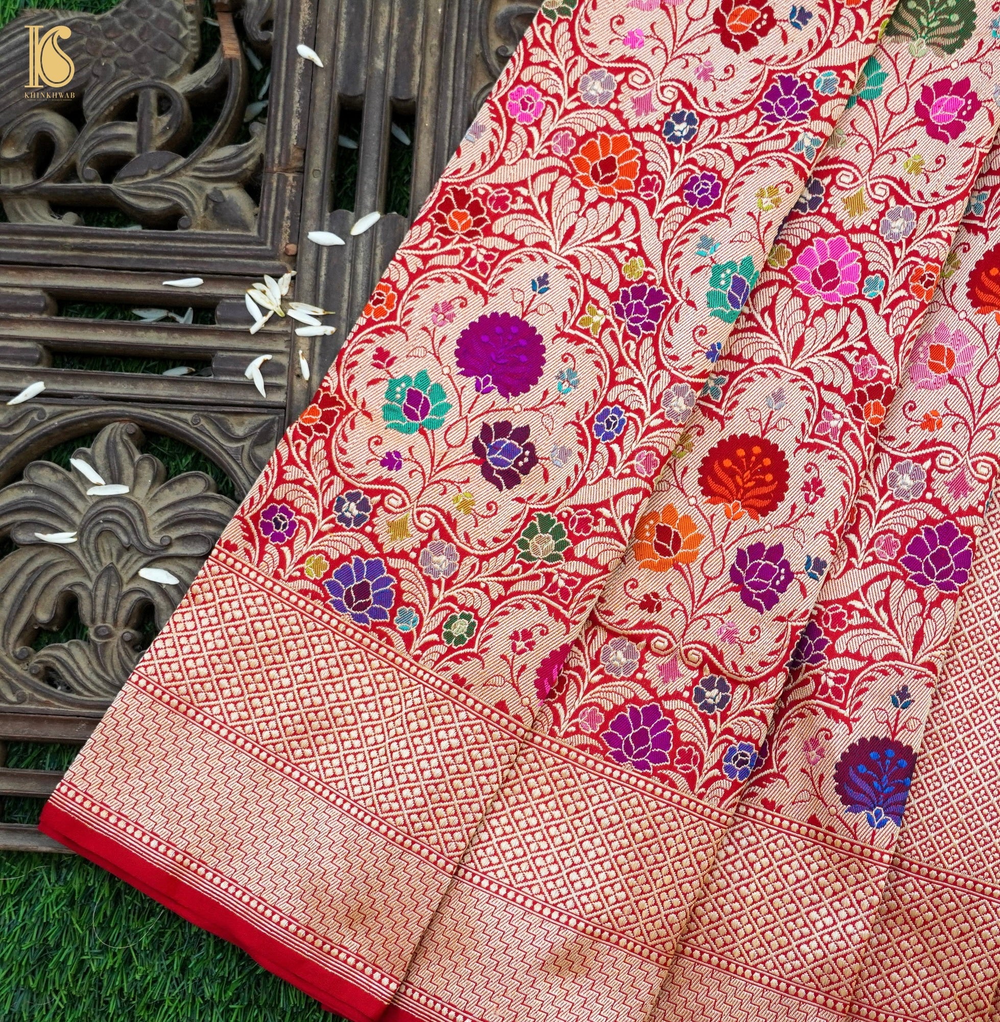 Crimson Red Pure Katan Silk Handwoven Banarasi Kinkhab Kadwa Jaal Saree - Khinkhwab