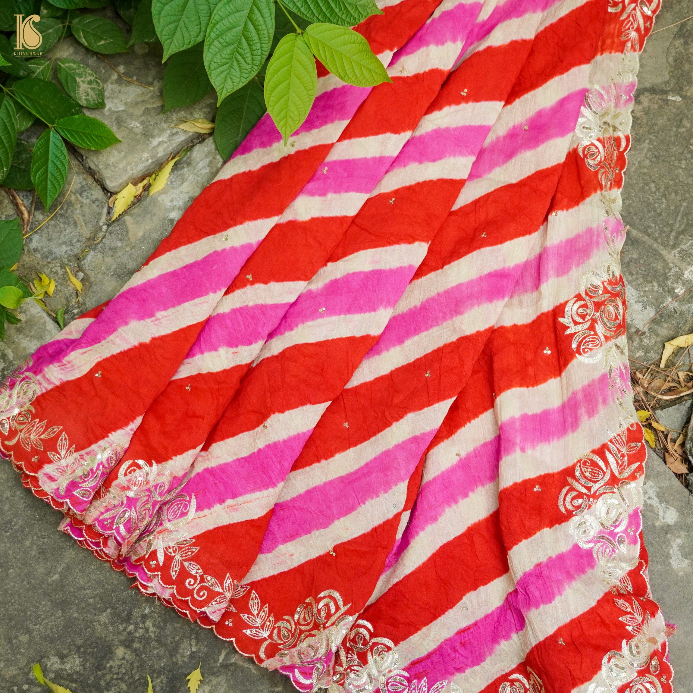 Red & Pink Leheriya Pure Tussar Moonga Silk Pita Work Saree - Khinkhwab