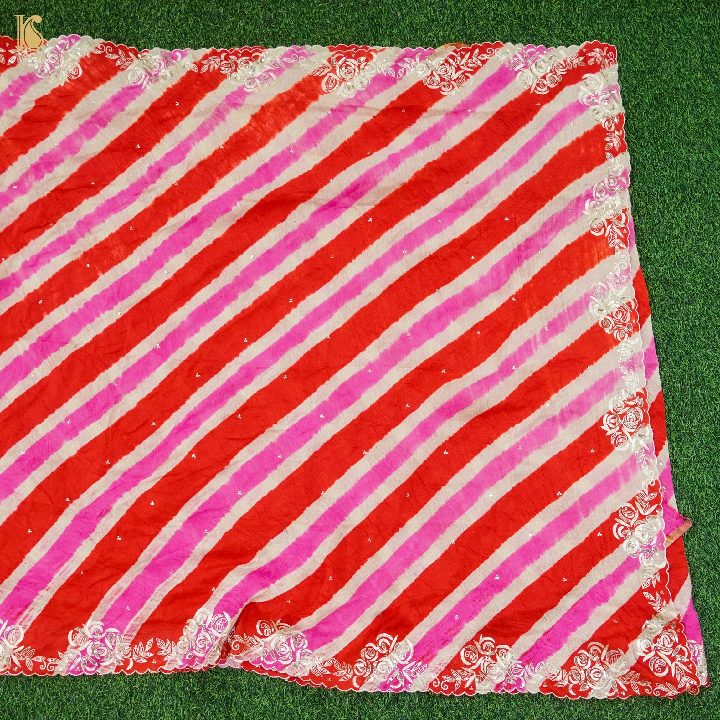 Red & Pink Leheriya Pure Tussar Moonga Silk Pita Work Saree - Khinkhwab