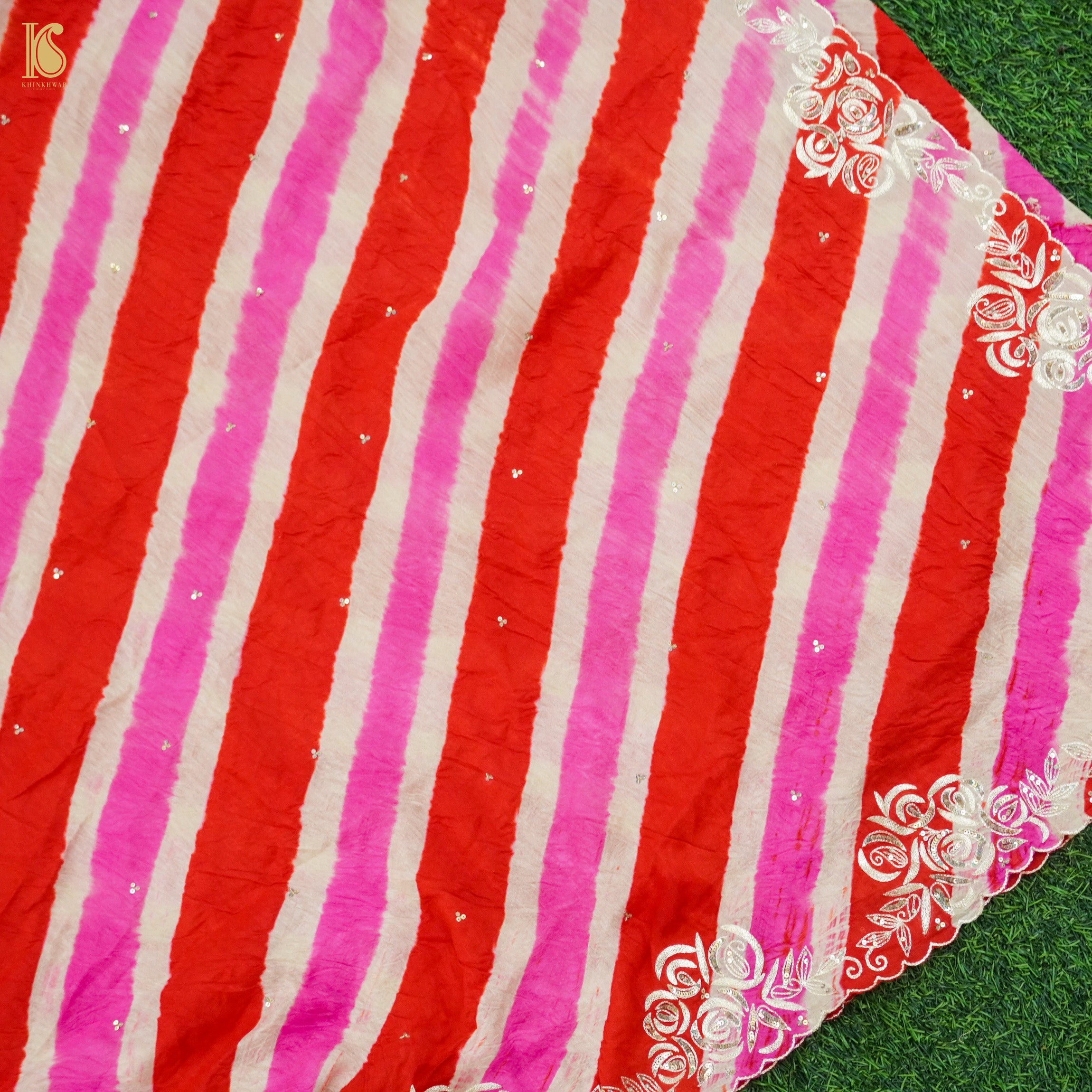 Red & Pink Leheriya Pure Tussar Moonga Silk Pita Work Saree - Khinkhwab