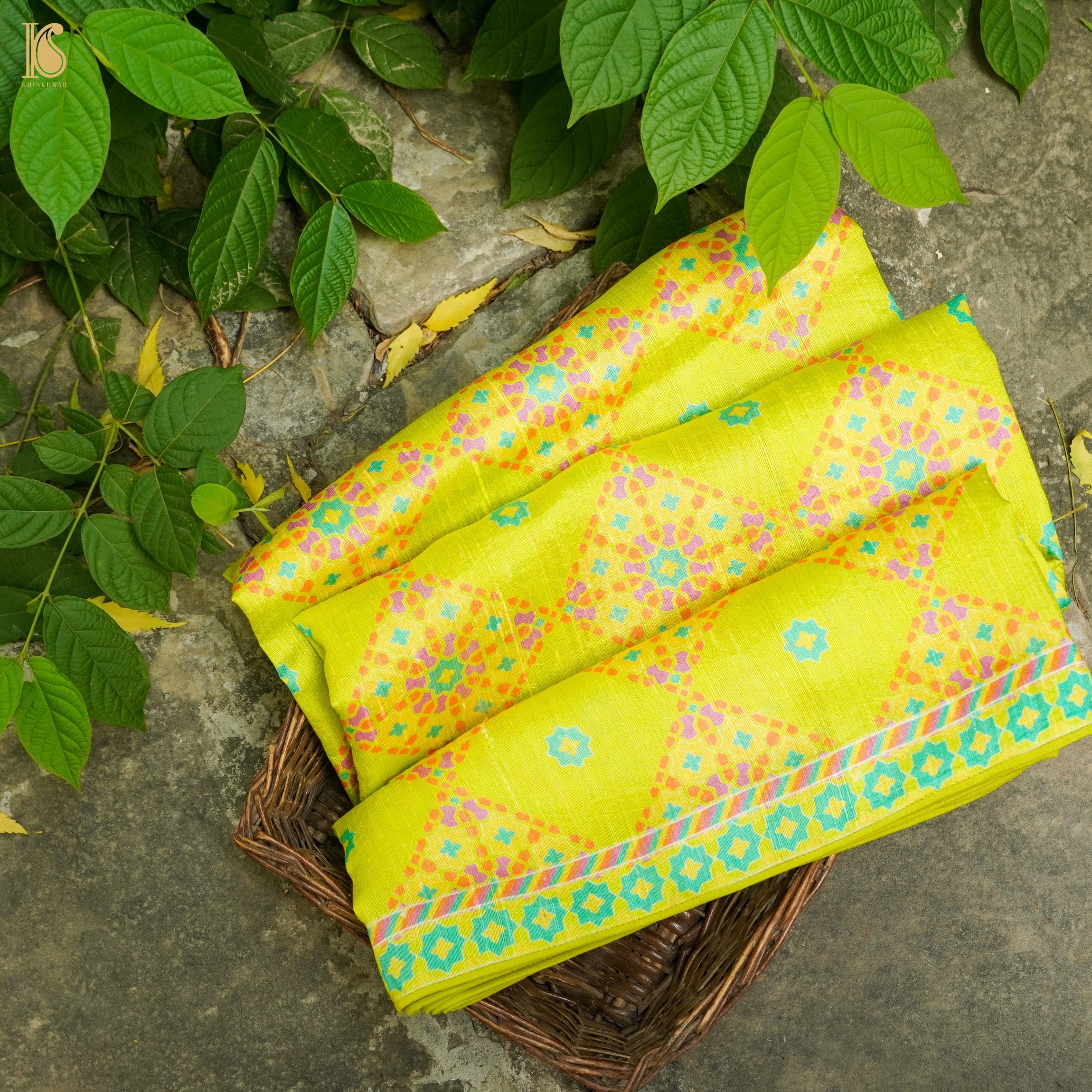 NILUFER -Bird Flower Green Pure Raw Silk Print Saree - Khinkhwab