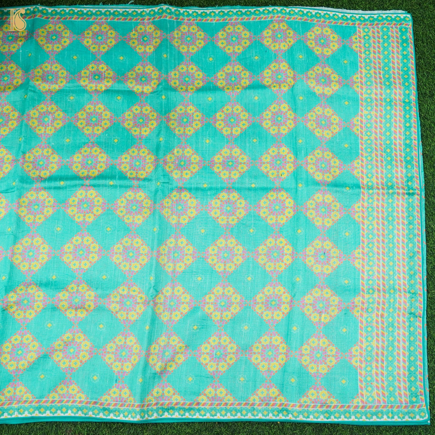 NILUFER -Turquoise Blue Pure Raw Silk Print Saree - Khinkhwab