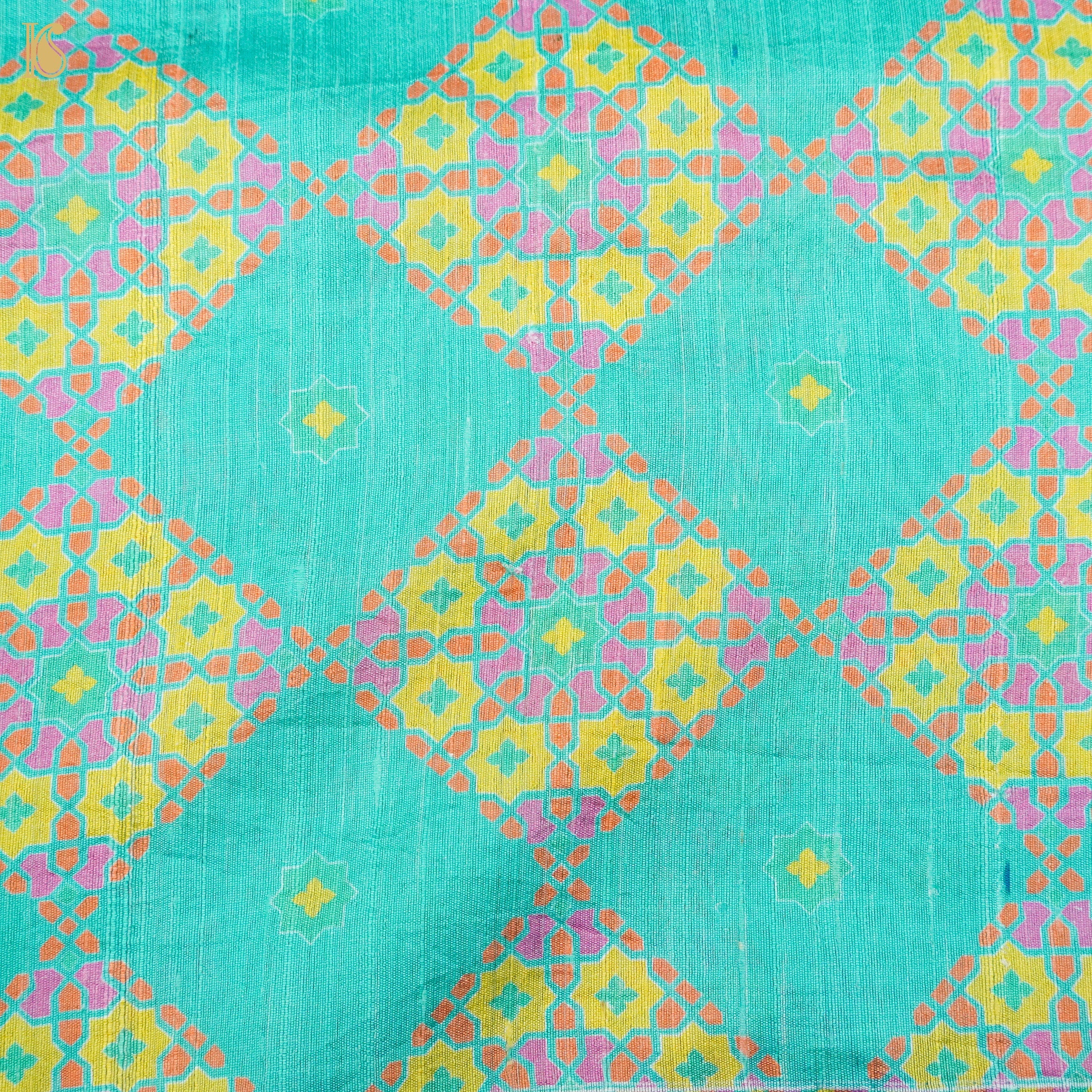 NILUFER -Turquoise Blue Pure Raw Silk Print Saree - Khinkhwab