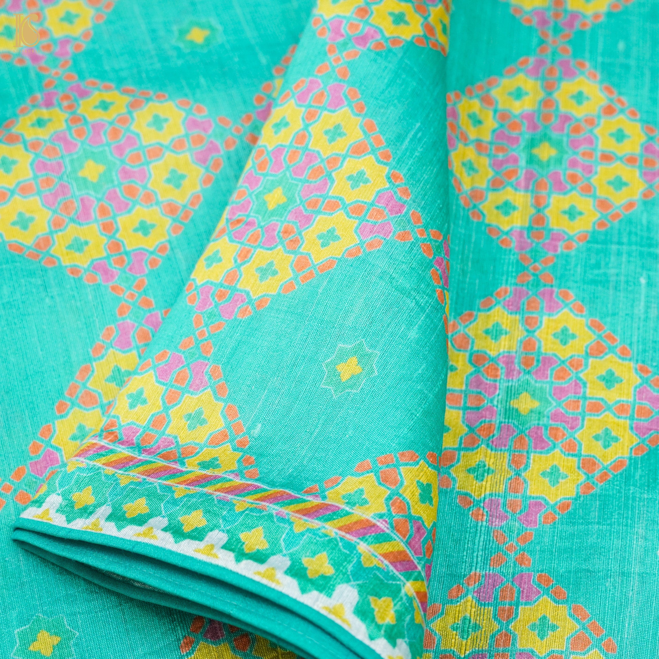 NILUFER -Turquoise Blue Pure Raw Silk Print Saree - Khinkhwab