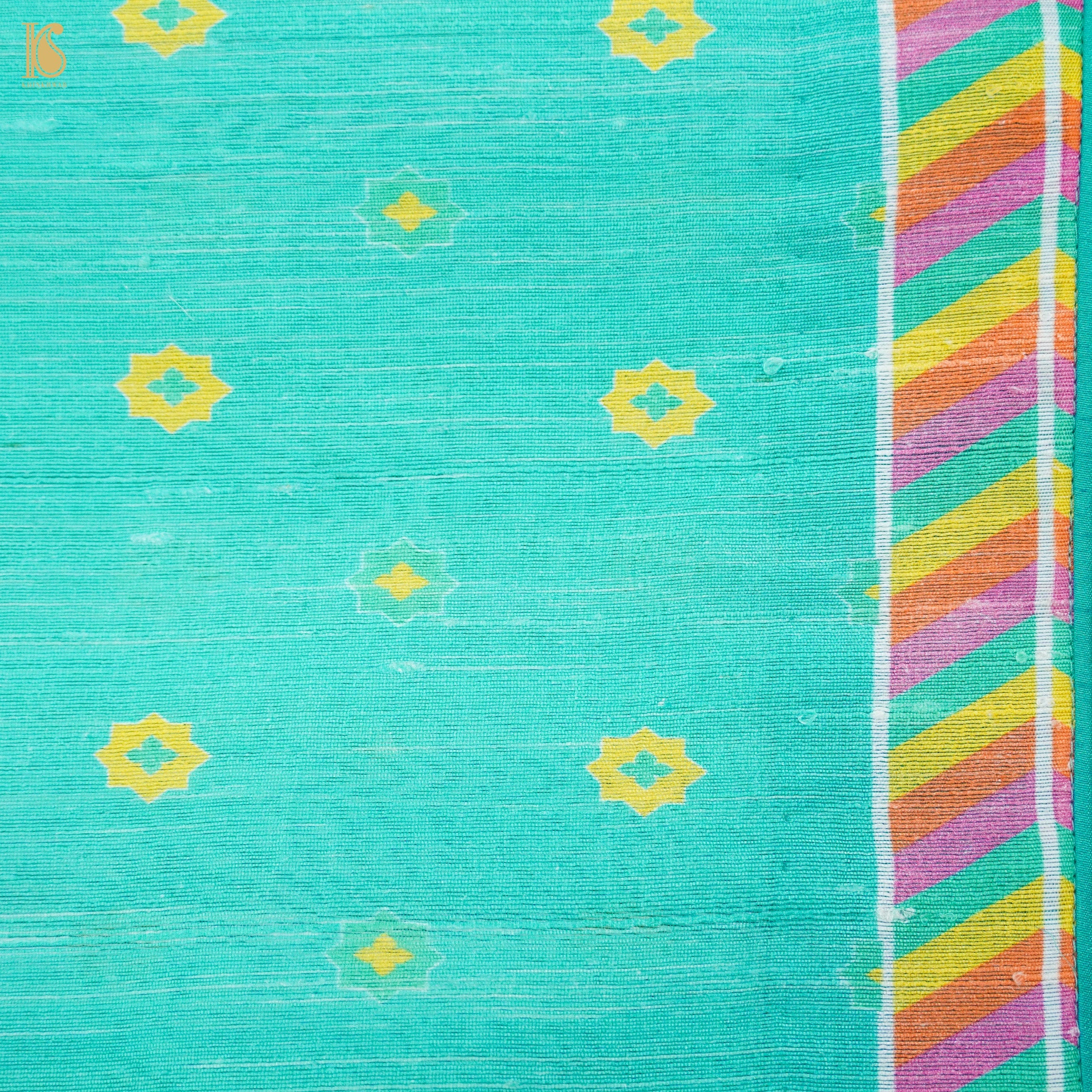 NILUFER -Turquoise Blue Pure Raw Silk Print Saree - Khinkhwab