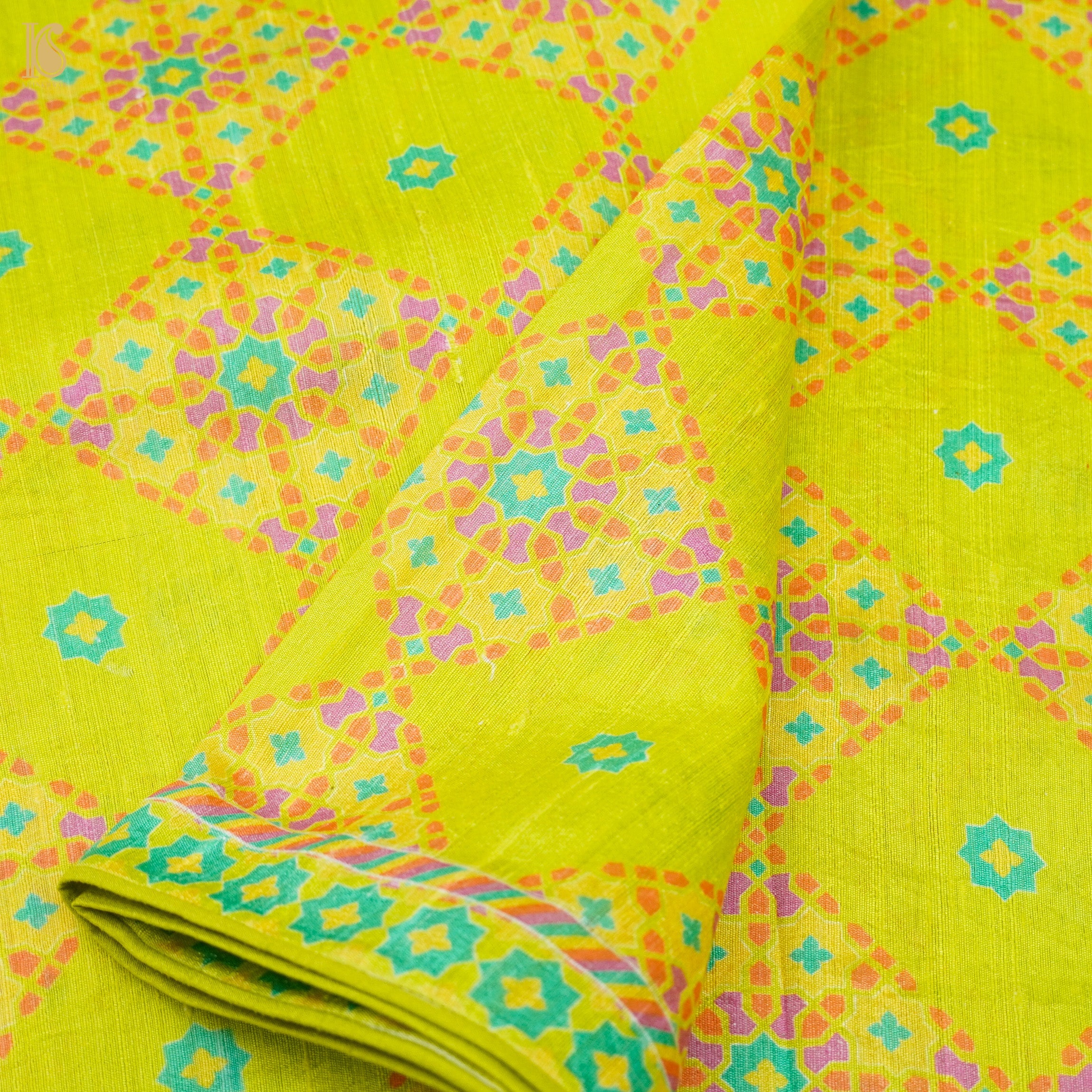 NILUFER -Bird Flower Green Pure Raw Silk Print Saree - Khinkhwab