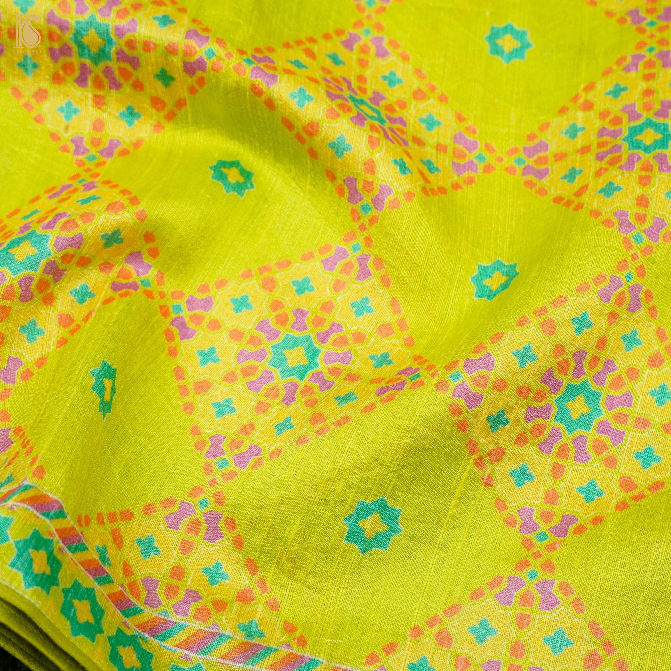 NILUFER -Bird Flower Green Pure Raw Silk Print Saree - Khinkhwab
