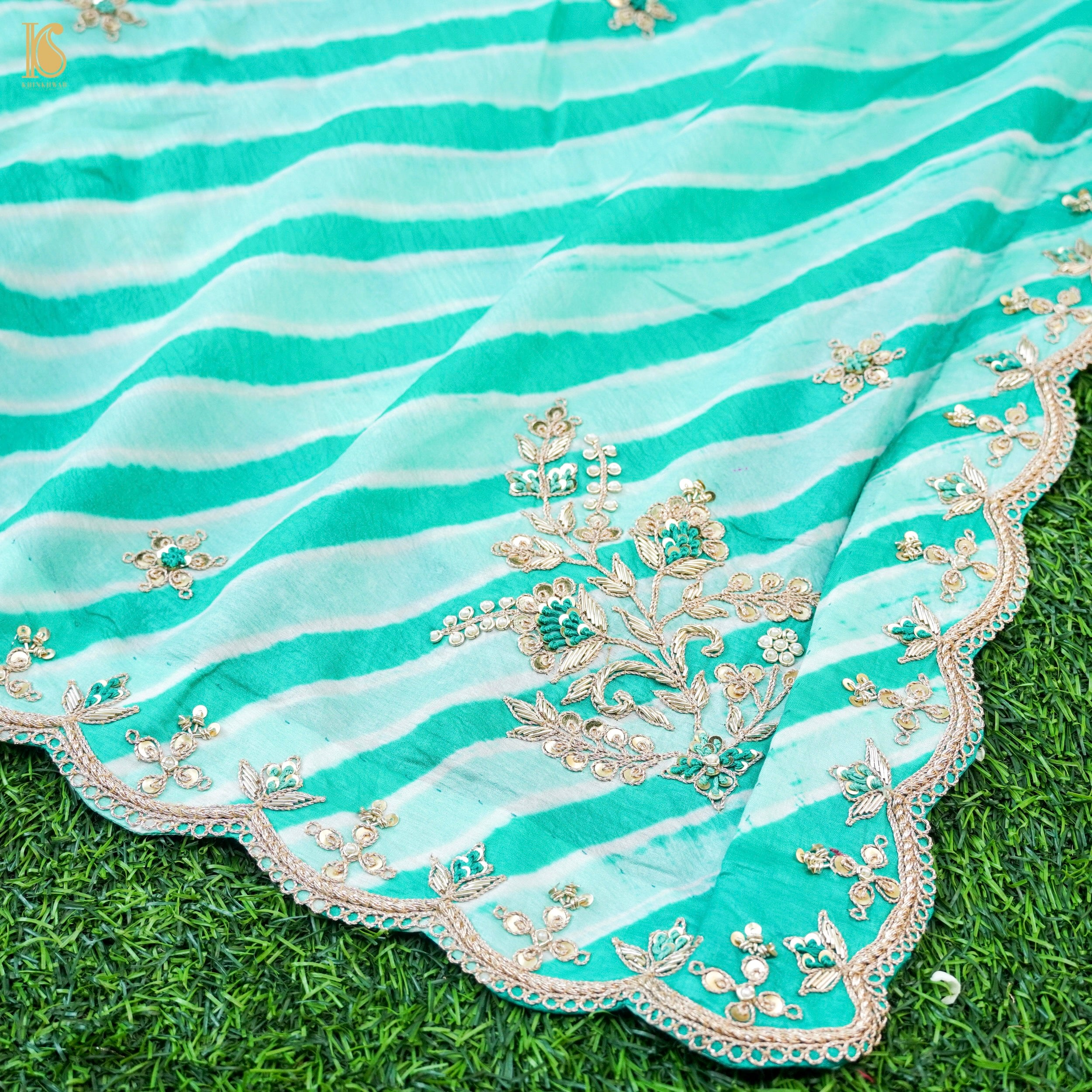 Leheriya Tussar Silk Aari & Zardozi with Scalloped Border Saree
