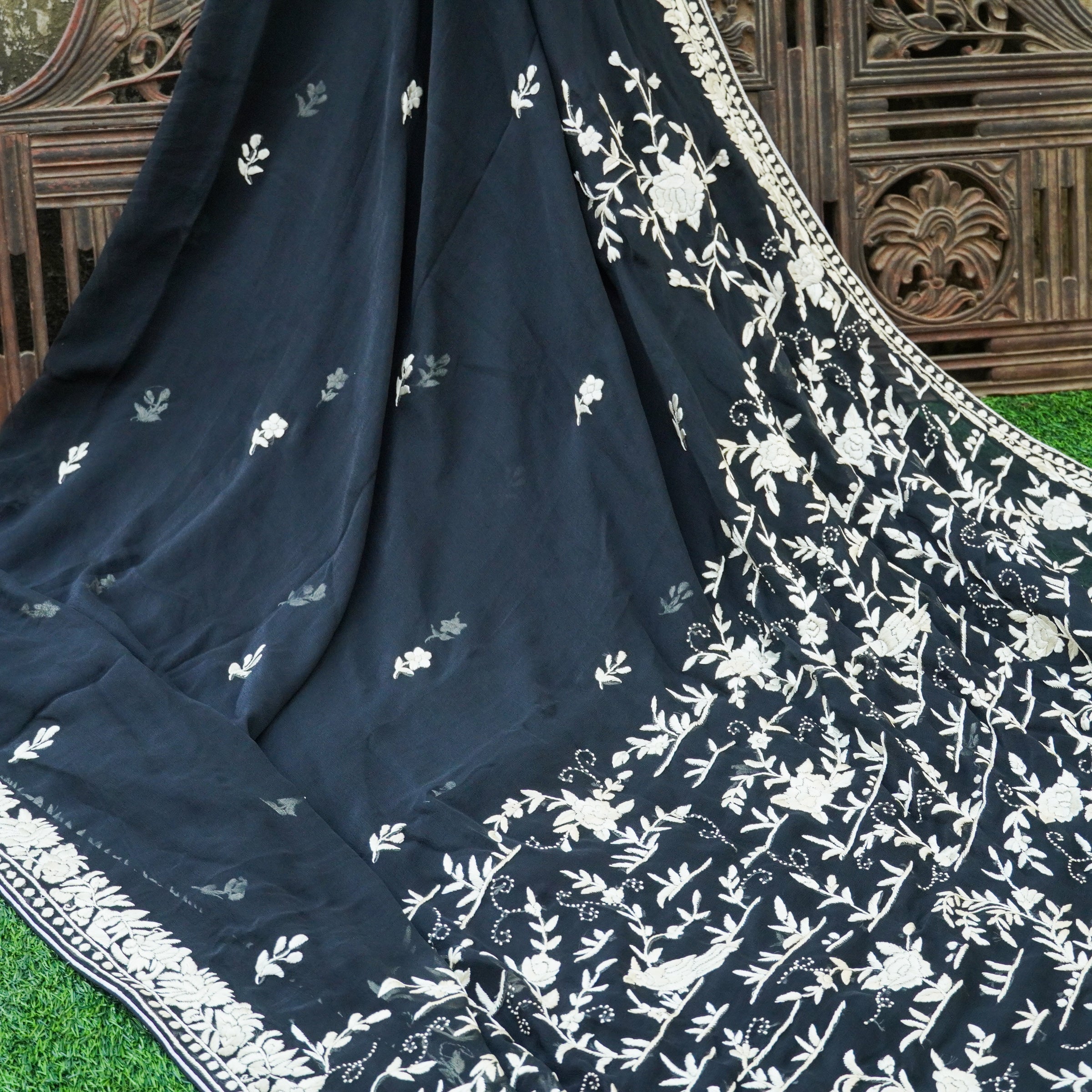 Black Handcrafted Parsi Gara Pure Georgette Saree - Khinkhwab