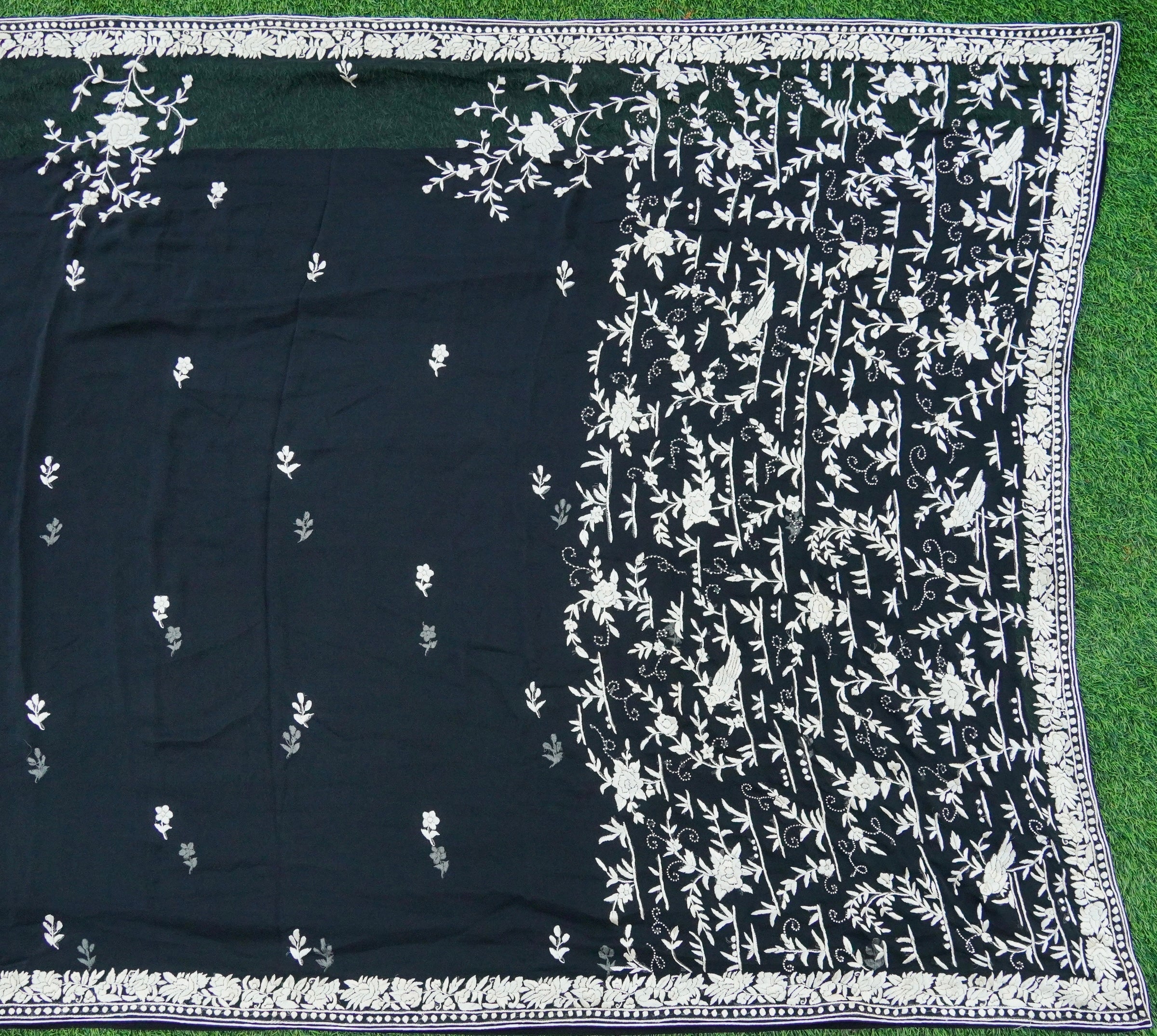 Black Handcrafted Parsi Gara Pure Georgette Saree - Khinkhwab