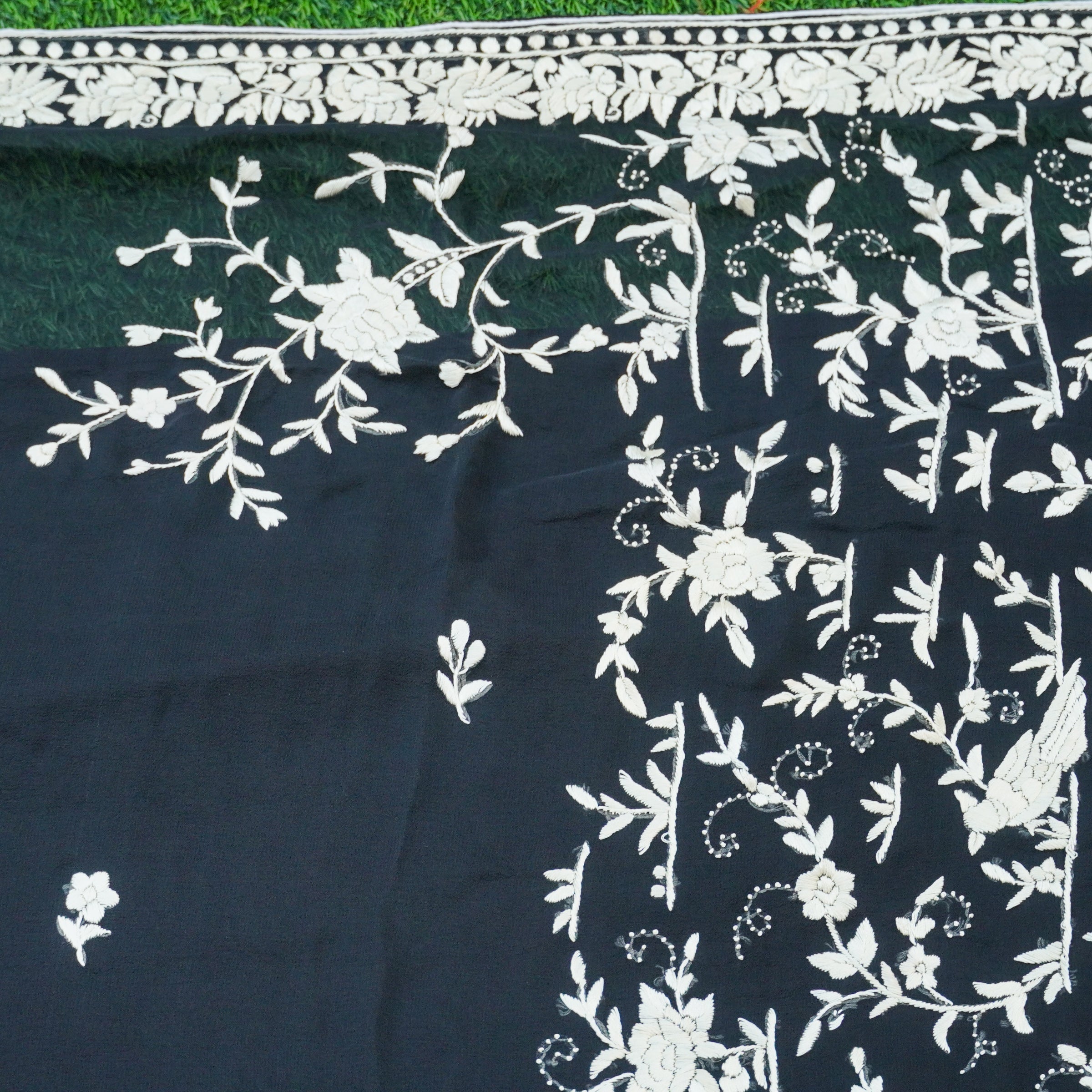 Black Handcrafted Parsi Gara Pure Georgette Saree - Khinkhwab
