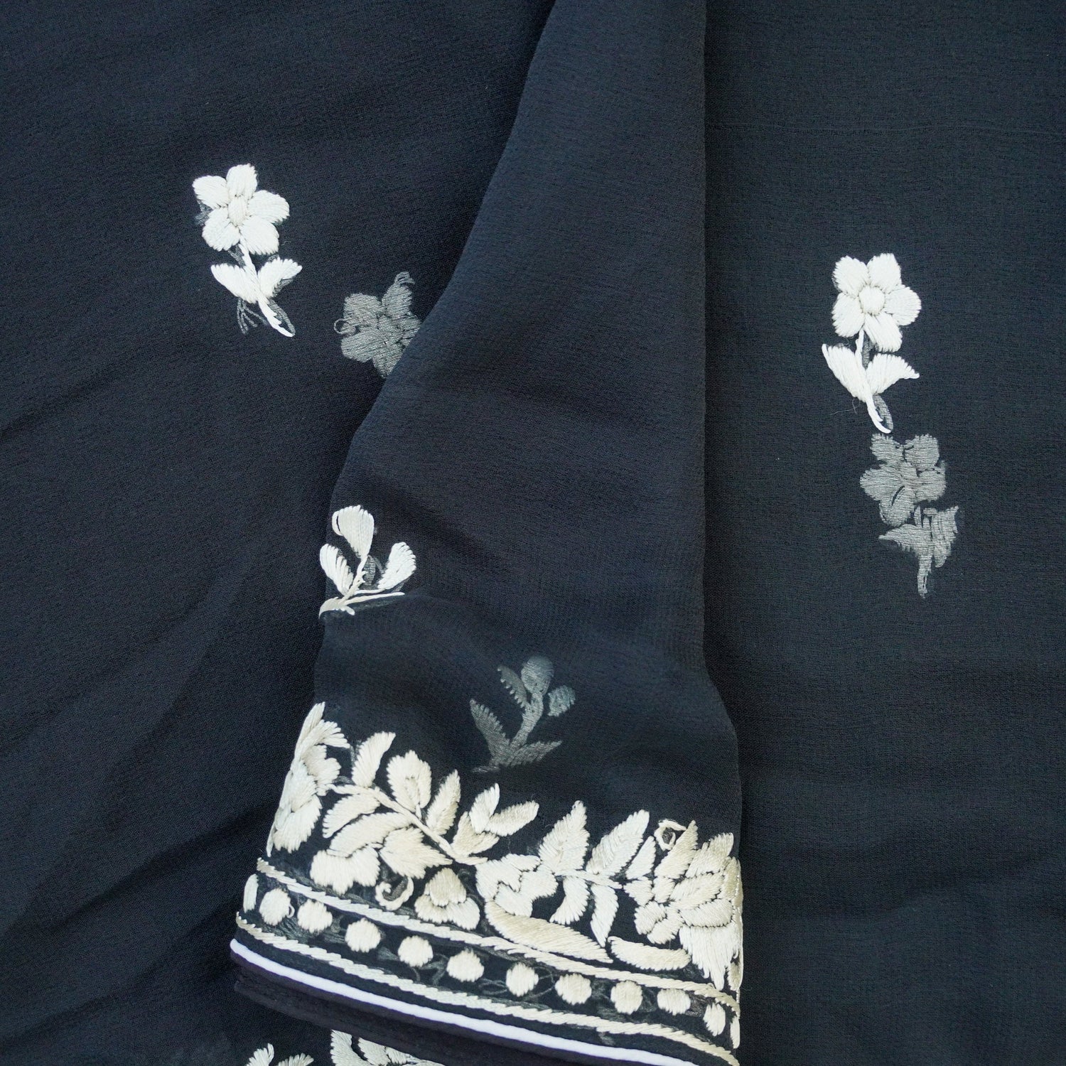 Black Handcrafted Parsi Gara Pure Georgette Saree - Khinkhwab