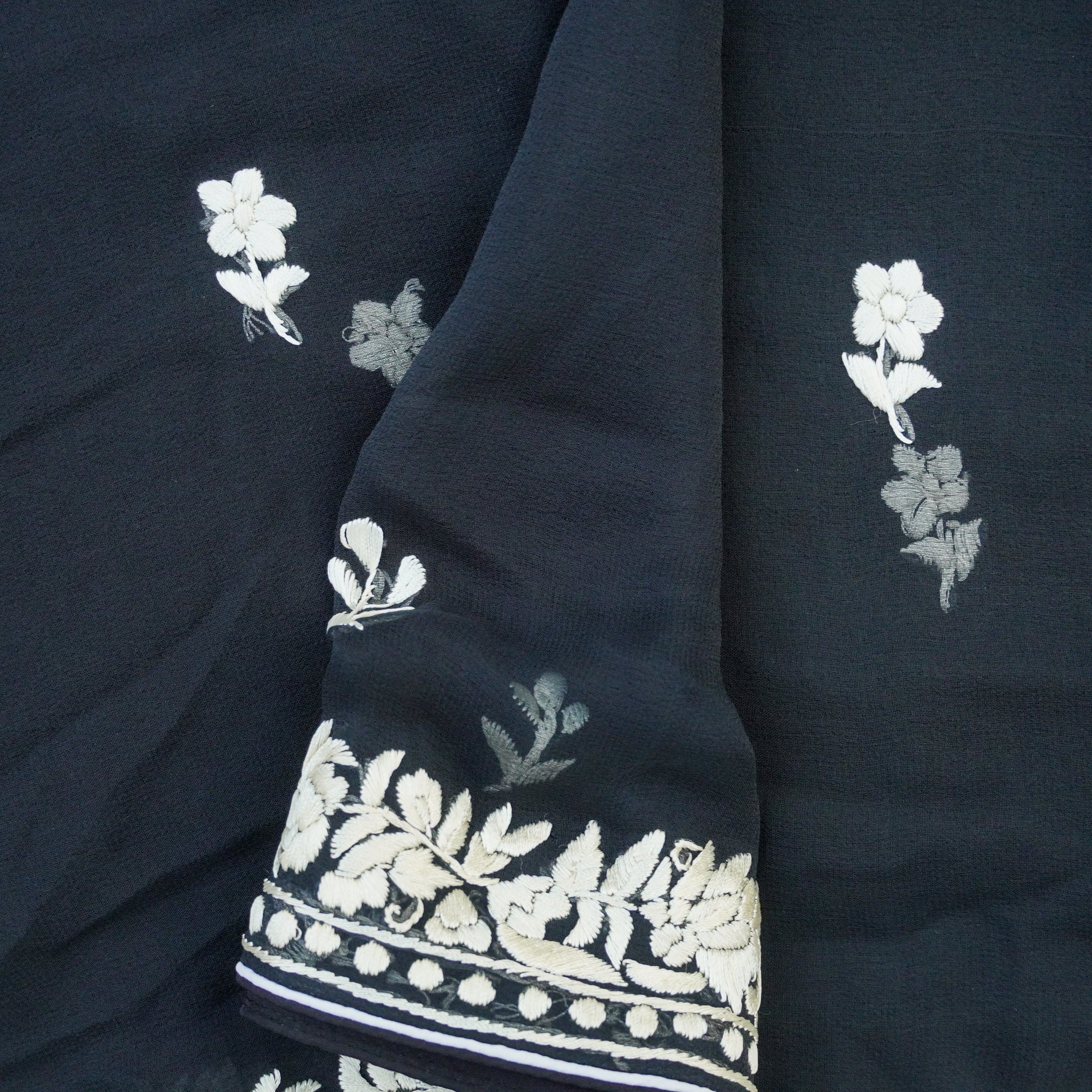 Black Handcrafted Parsi Gara Pure Georgette Saree - Khinkhwab