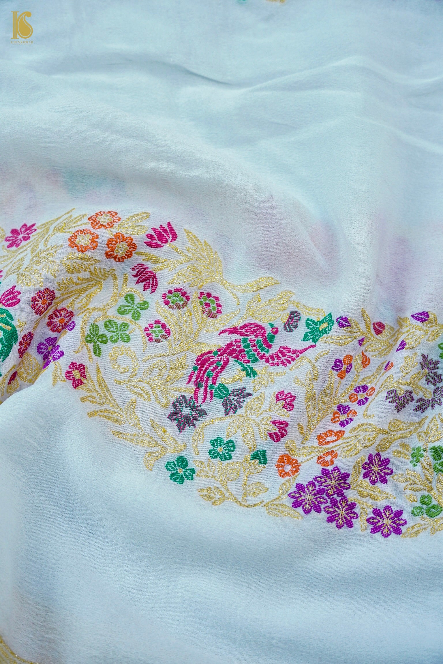 Handwoven Banarasi Georgette Dupatta with Floral Meenakari
