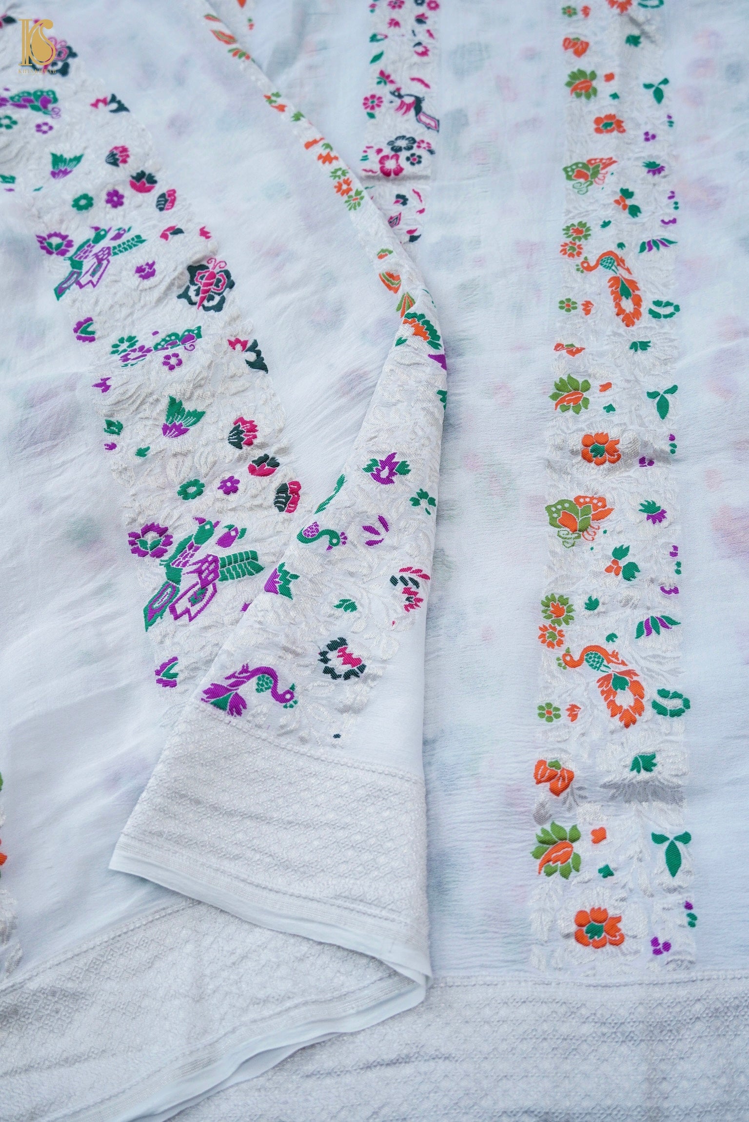 Handwoven Banarasi Georgette Dupatta with Floral Meenakari