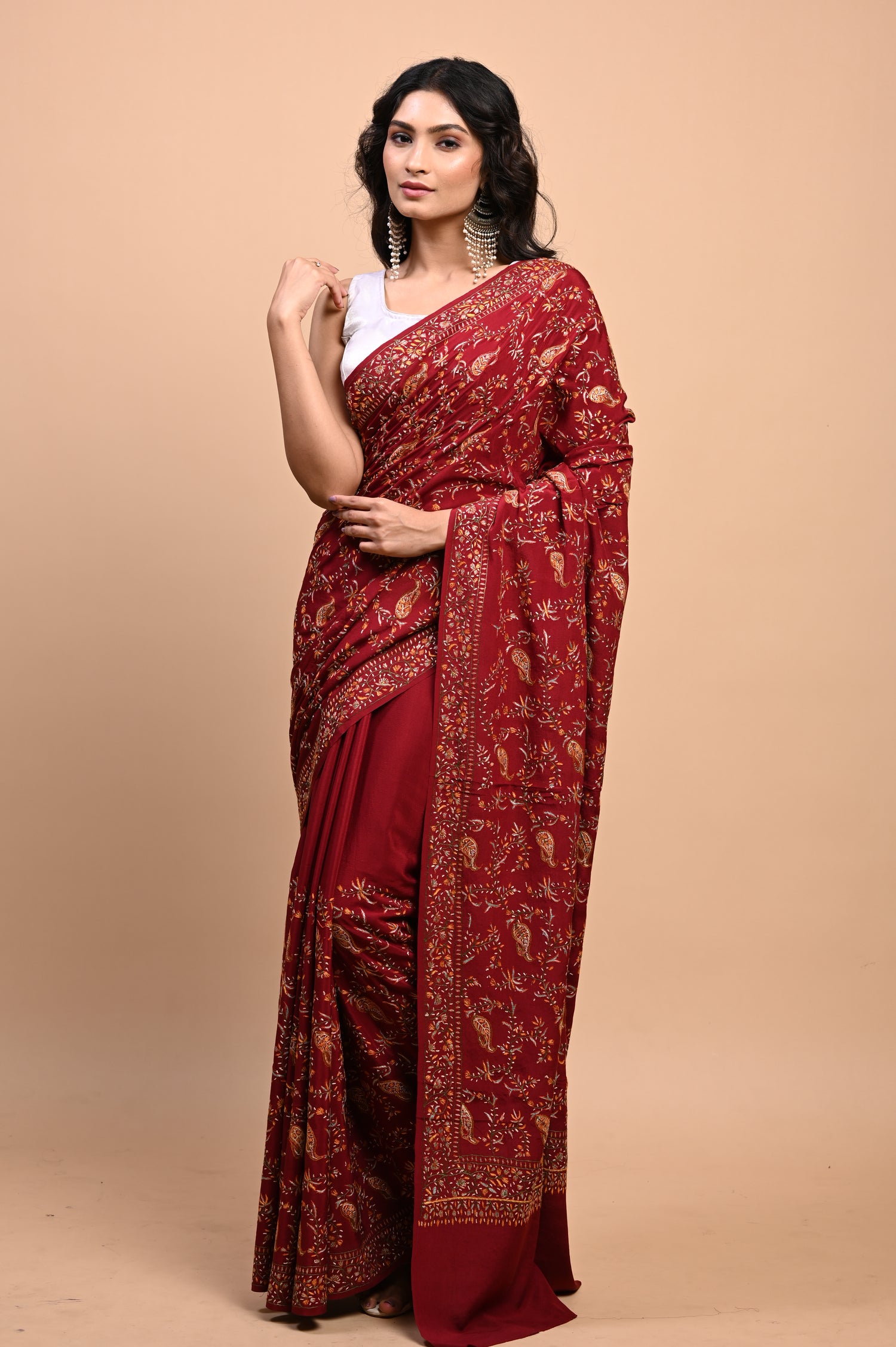 Pure Crepe Chinon Silk Sozni Work Hand Embroidered Kashmiri Saree