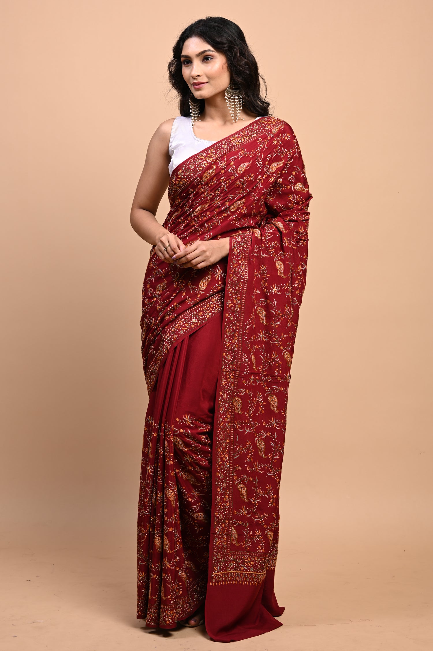 Pure Crepe Chinon Silk Sozni Work Hand Embroidered Kashmiri Saree