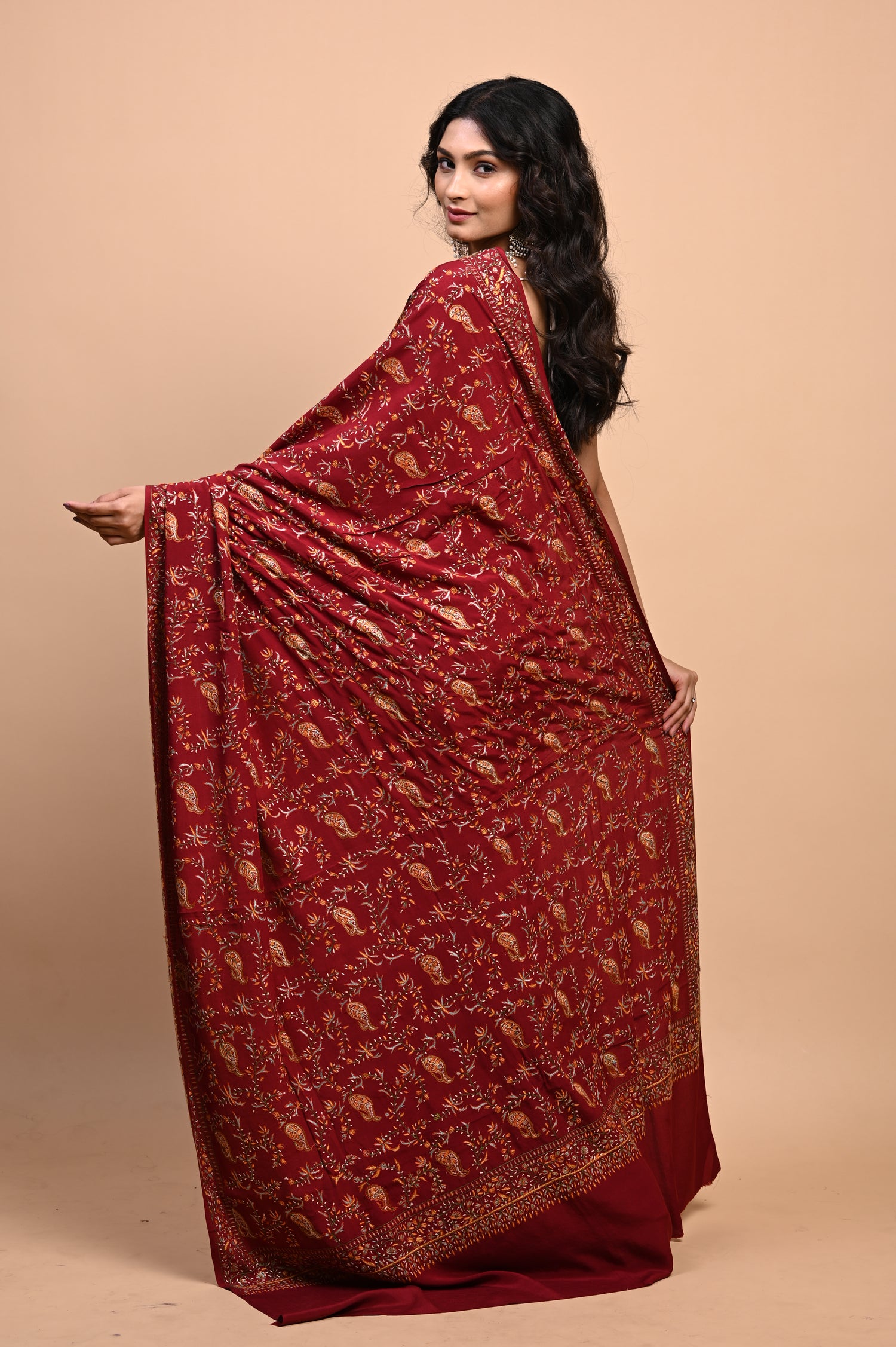 Pure Crepe Chinon Silk Sozni Work Hand Embroidered Kashmiri Saree