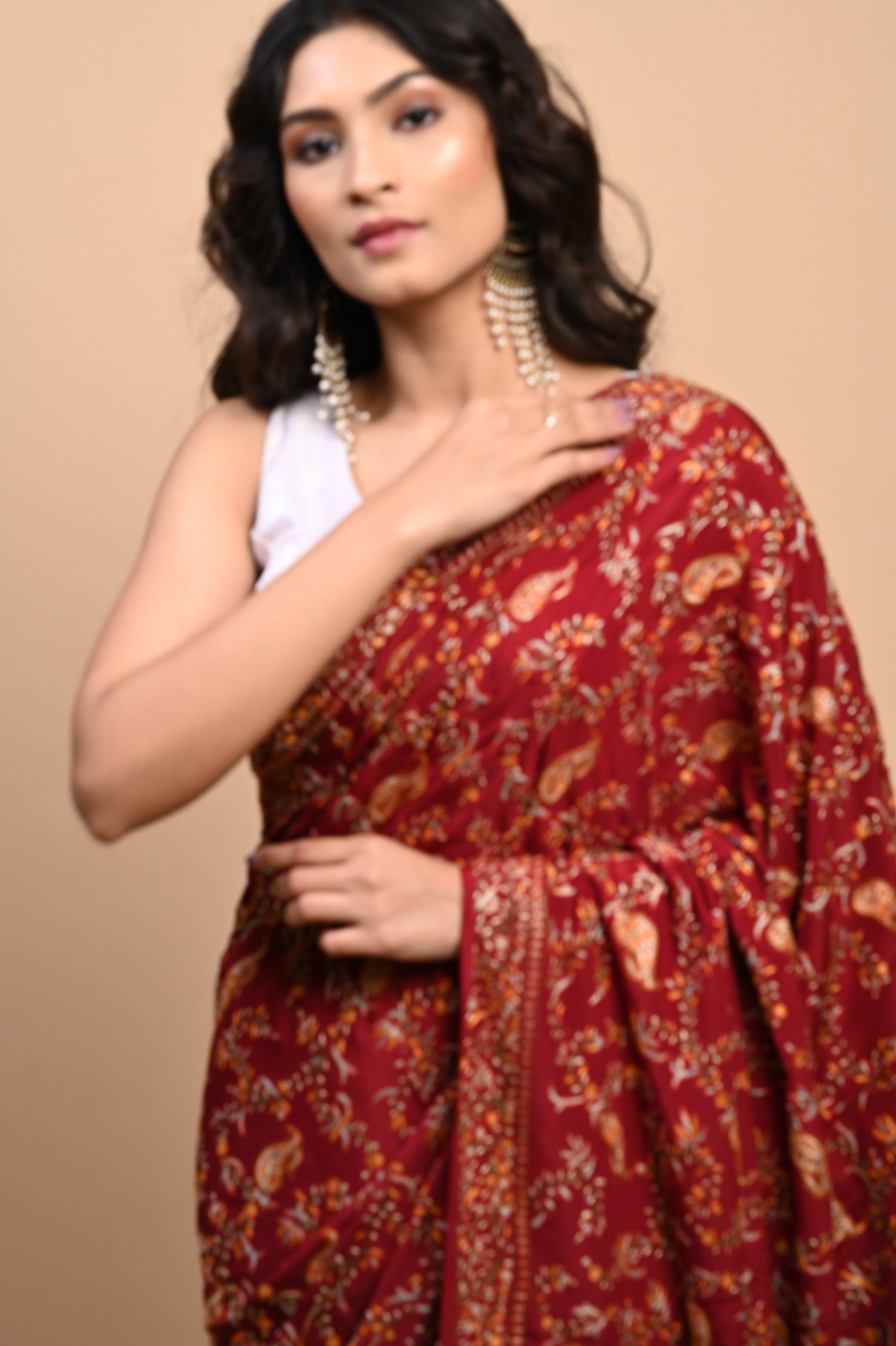 Pure Crepe Chinon Silk Sozni Work Hand Embroidered Kashmiri Saree