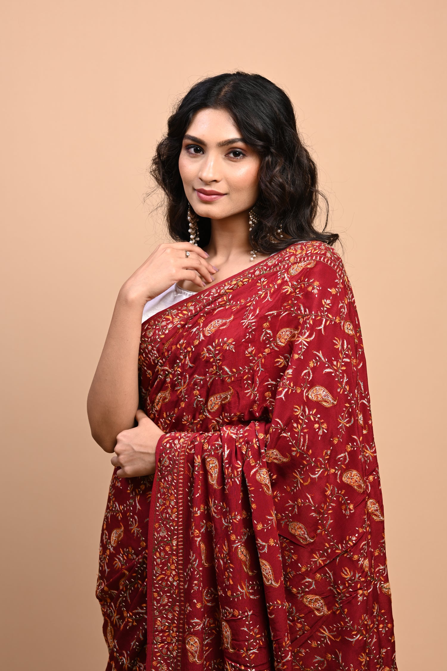 Pure Crepe Chinon Silk Sozni Work Hand Embroidered Kashmiri Saree