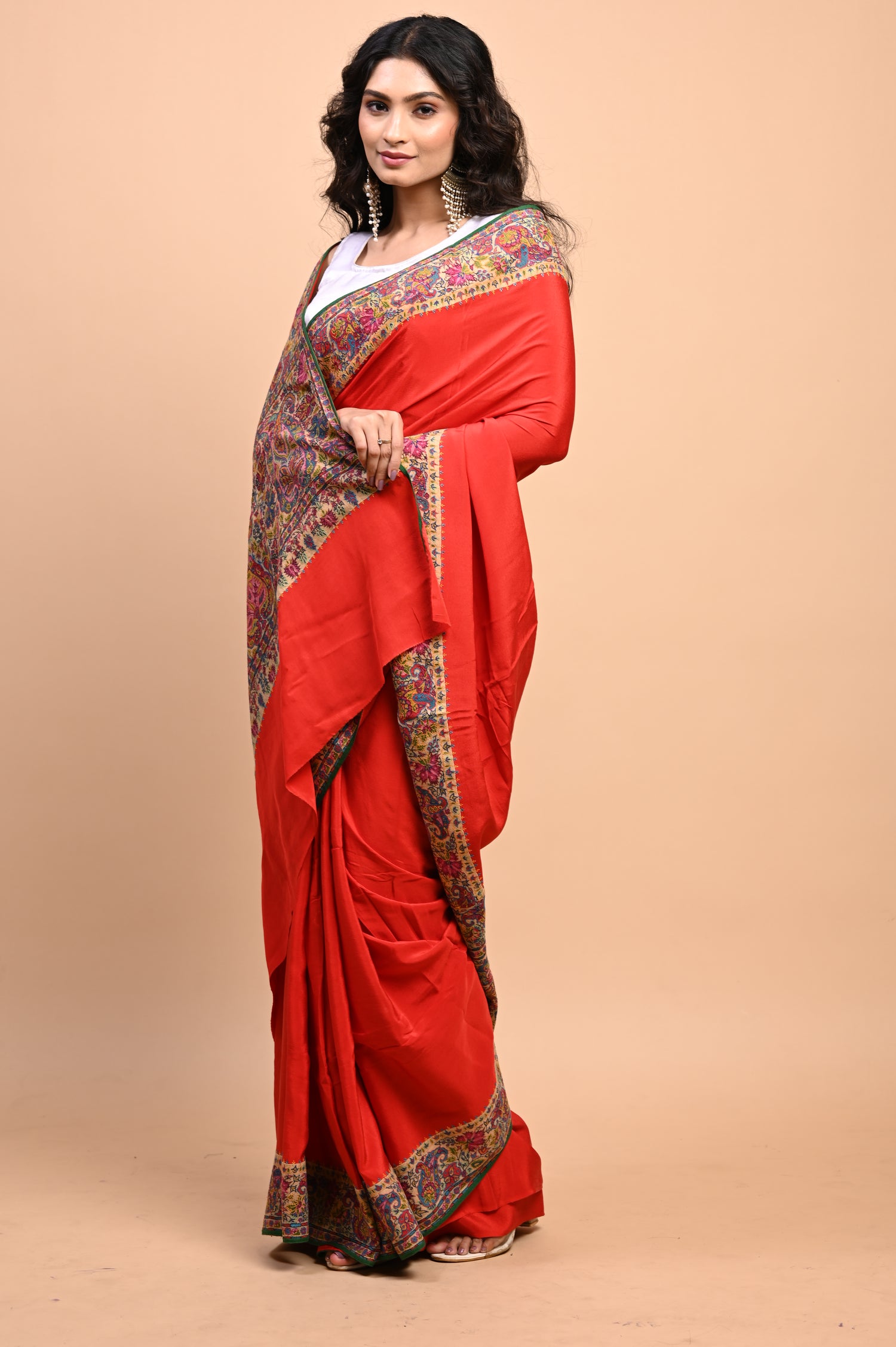 Pure Crepe Chinon Silk Kalamkari Embriodery Kashmiri Saree