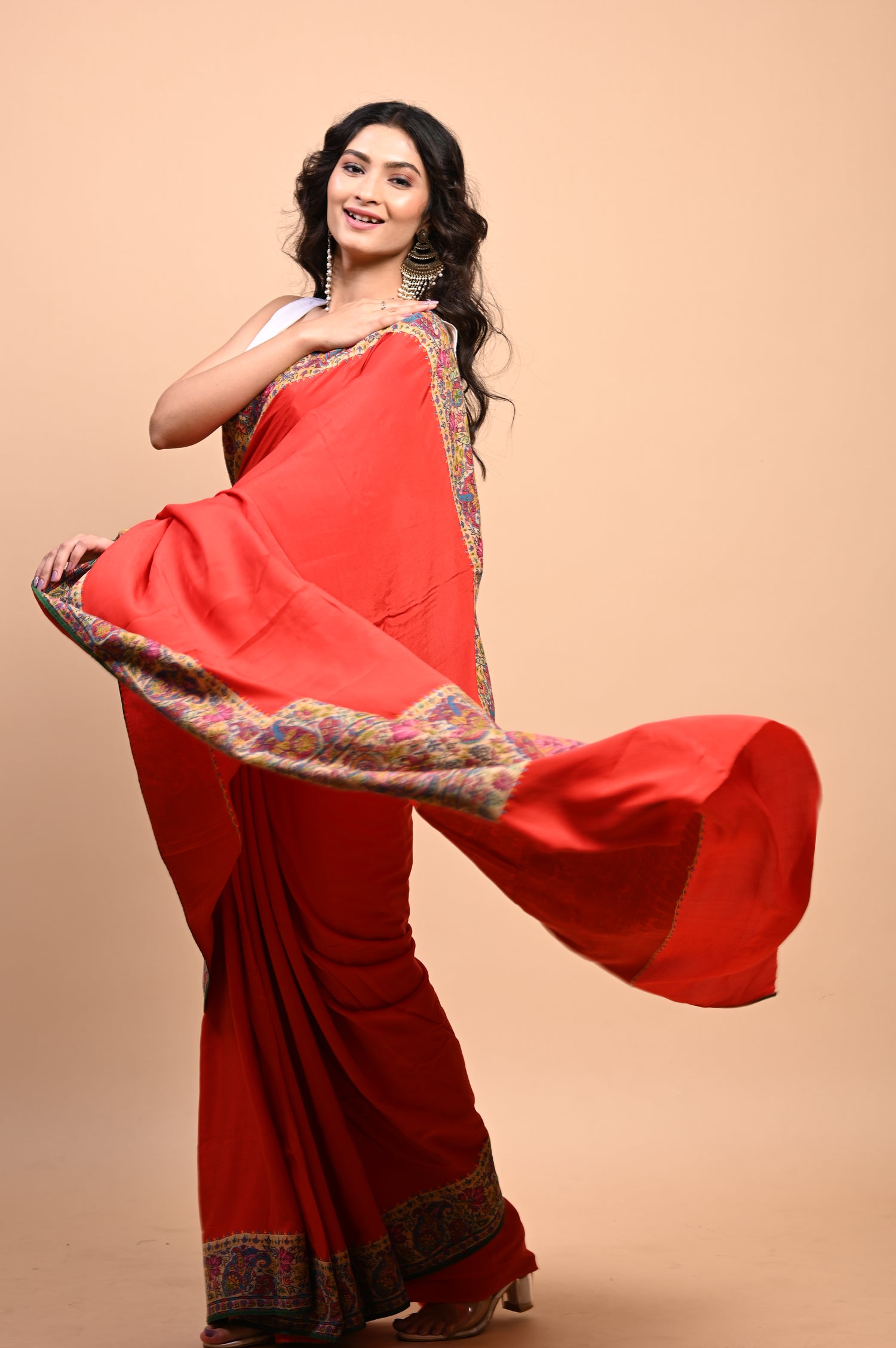 Pure Crepe Chinon Silk Kalamkari Embriodery Kashmiri Saree