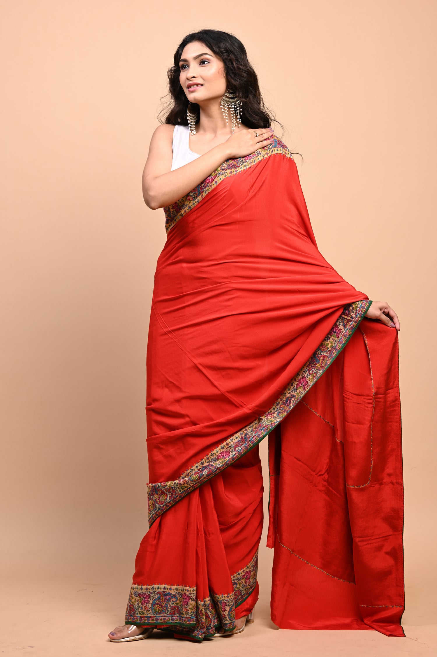 Pure Crepe Chinon Silk Kalamkari Embriodery Kashmiri Saree