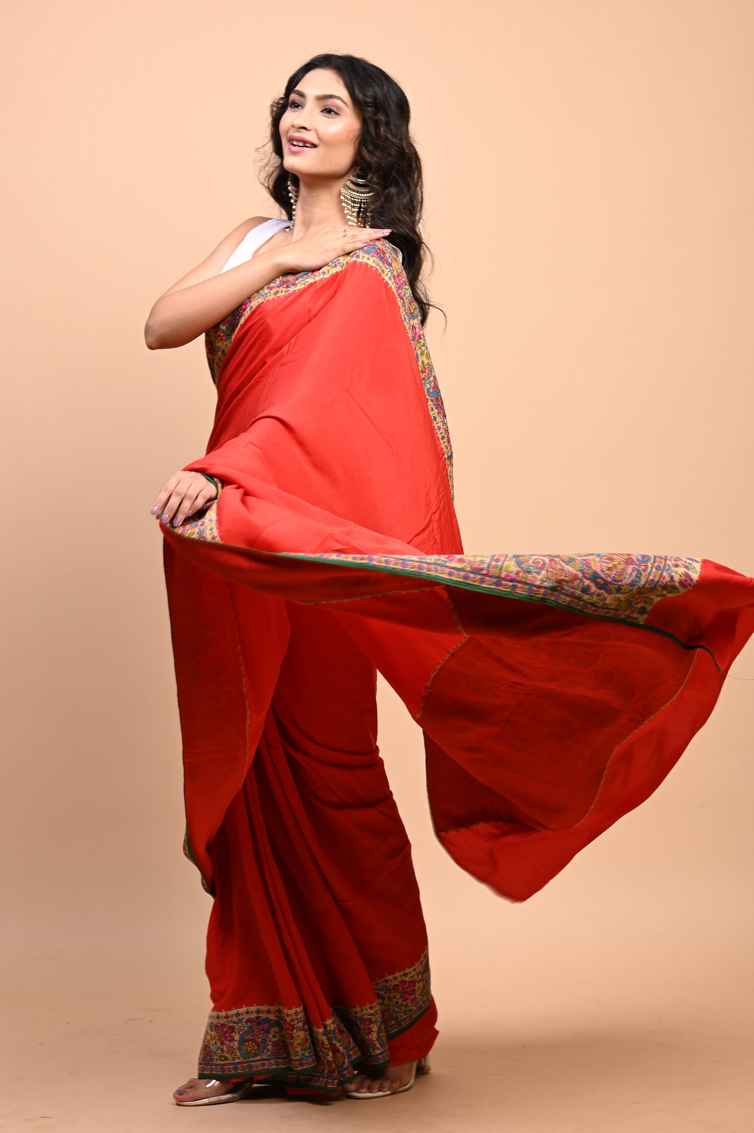 Pure Crepe Chinon Silk Kalamkari Embriodery Kashmiri Saree