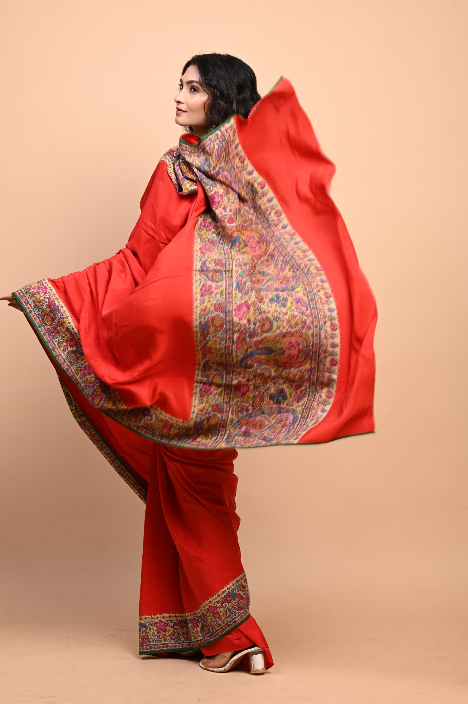 Pure Crepe Chinon Silk Kalamkari Embriodery Kashmiri Saree