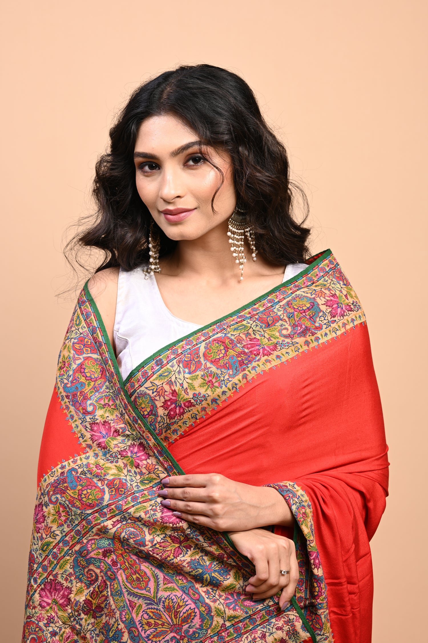 Pure Crepe Chinon Silk Kalamkari Embriodery Kashmiri Saree