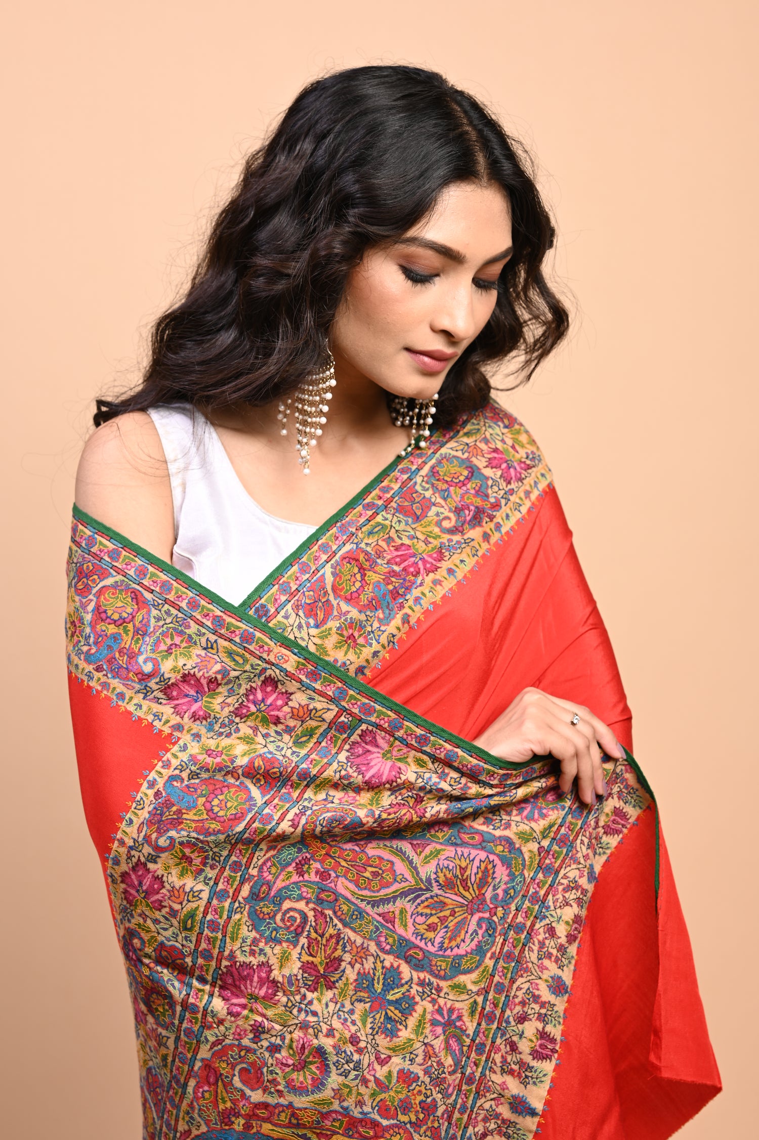 Pure Crepe Chinon Silk Kalamkari Embriodery Kashmiri Saree