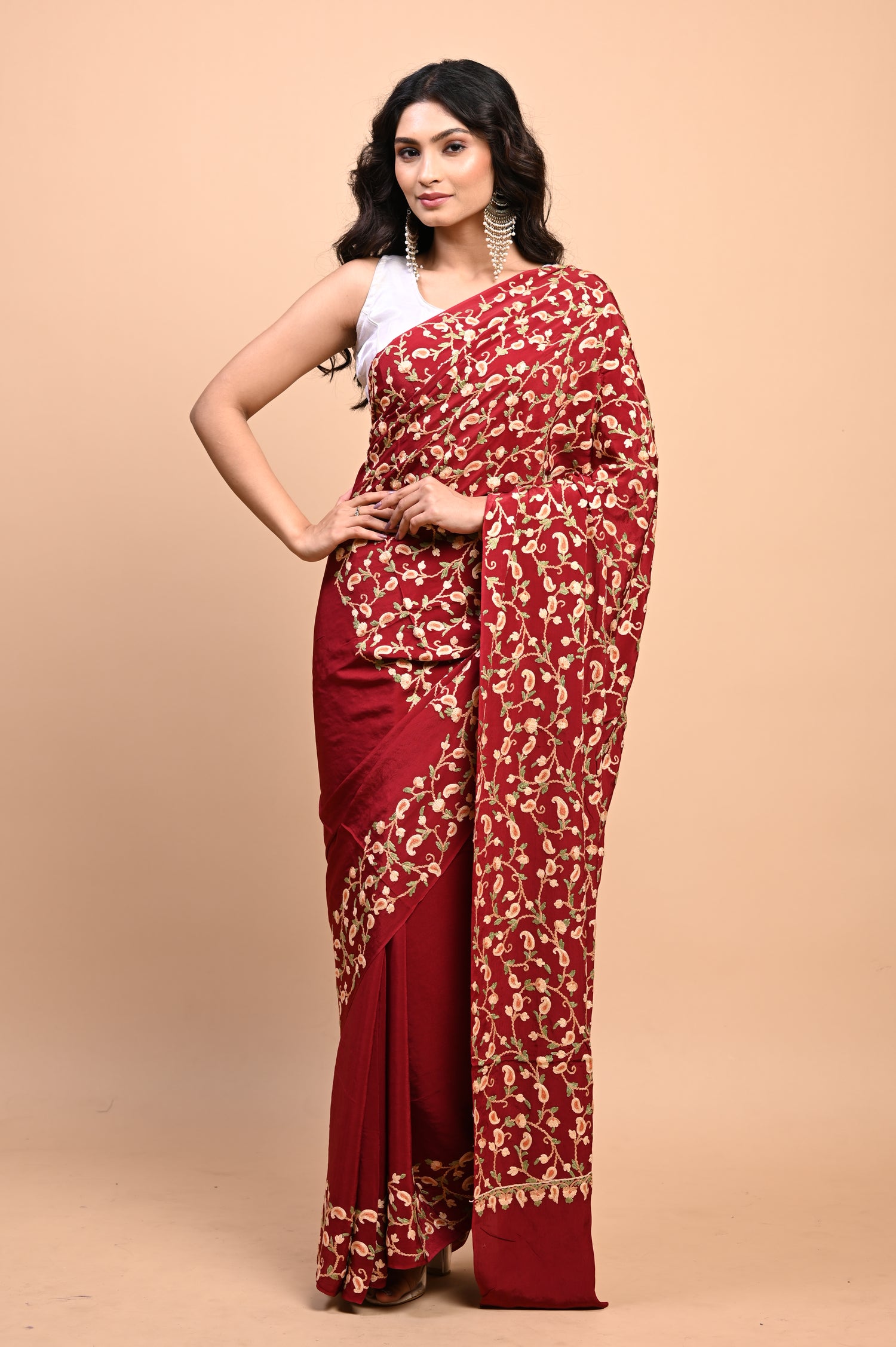 Pure Crepe Chinon Silk Aari Embriodery Kashmiri Saree