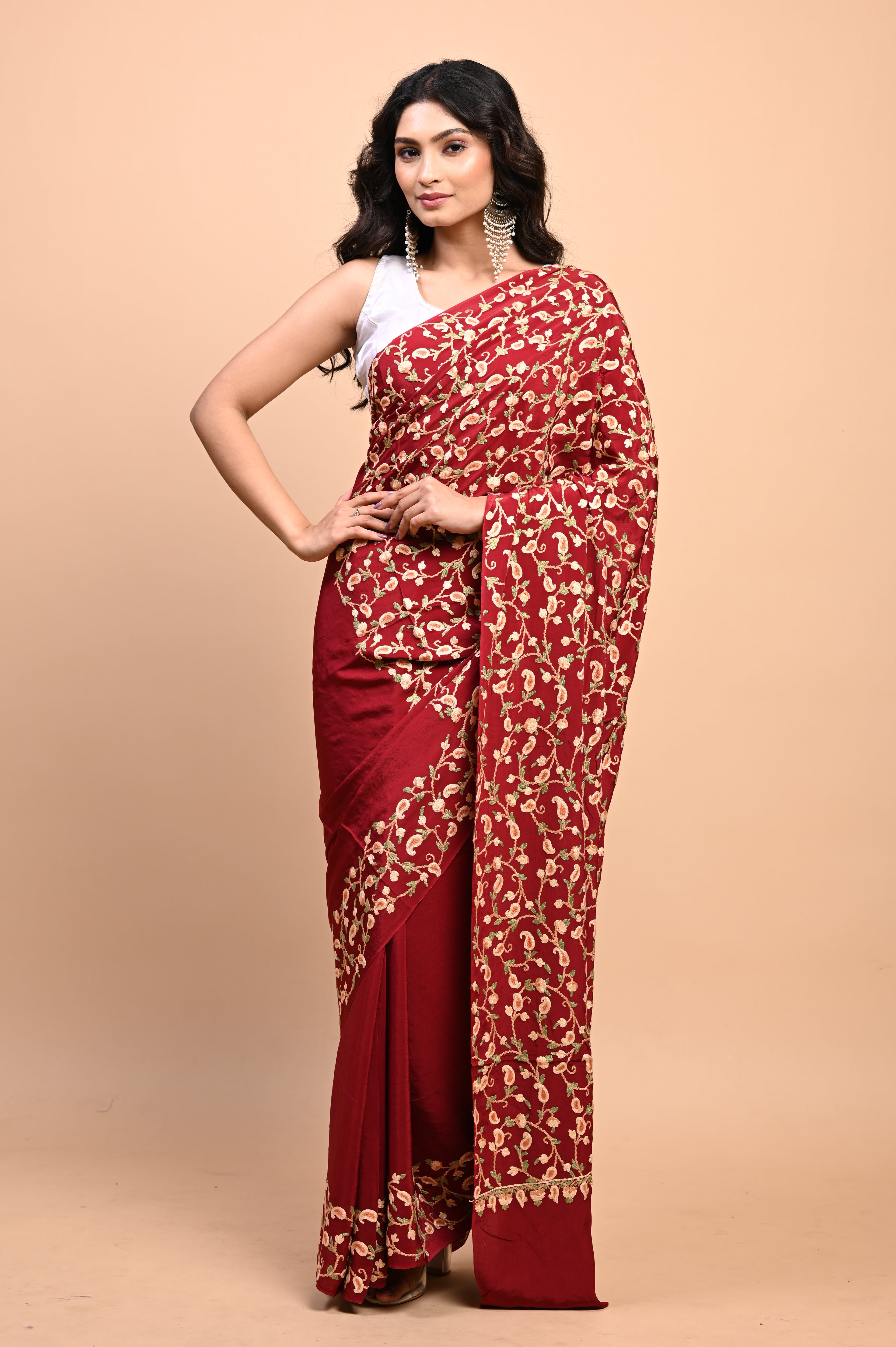 Pure Crepe Chinon Silk Aari Embriodery Kashmiri Saree