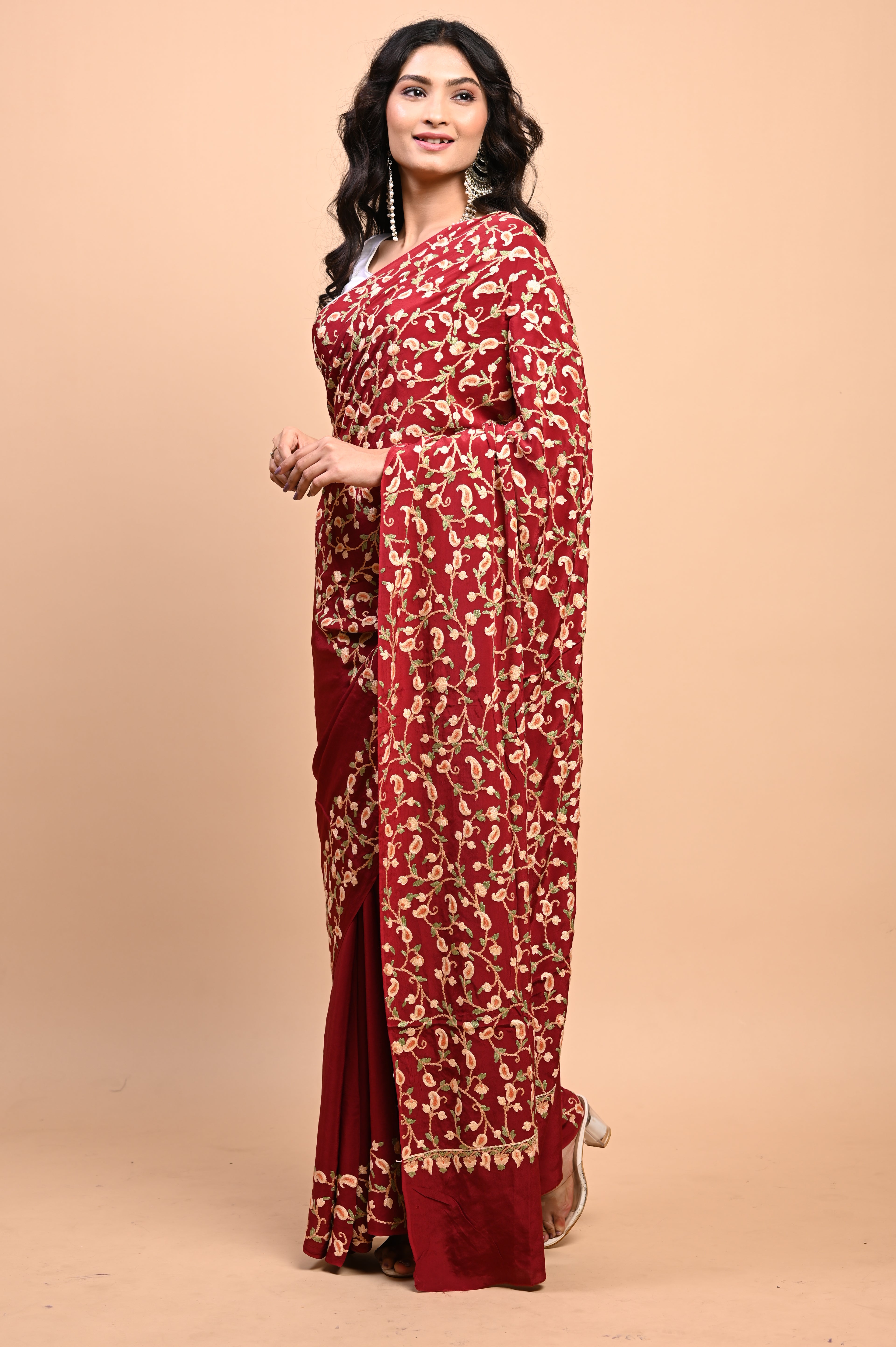 Pure Crepe Chinon Silk Aari Embriodery Kashmiri Saree