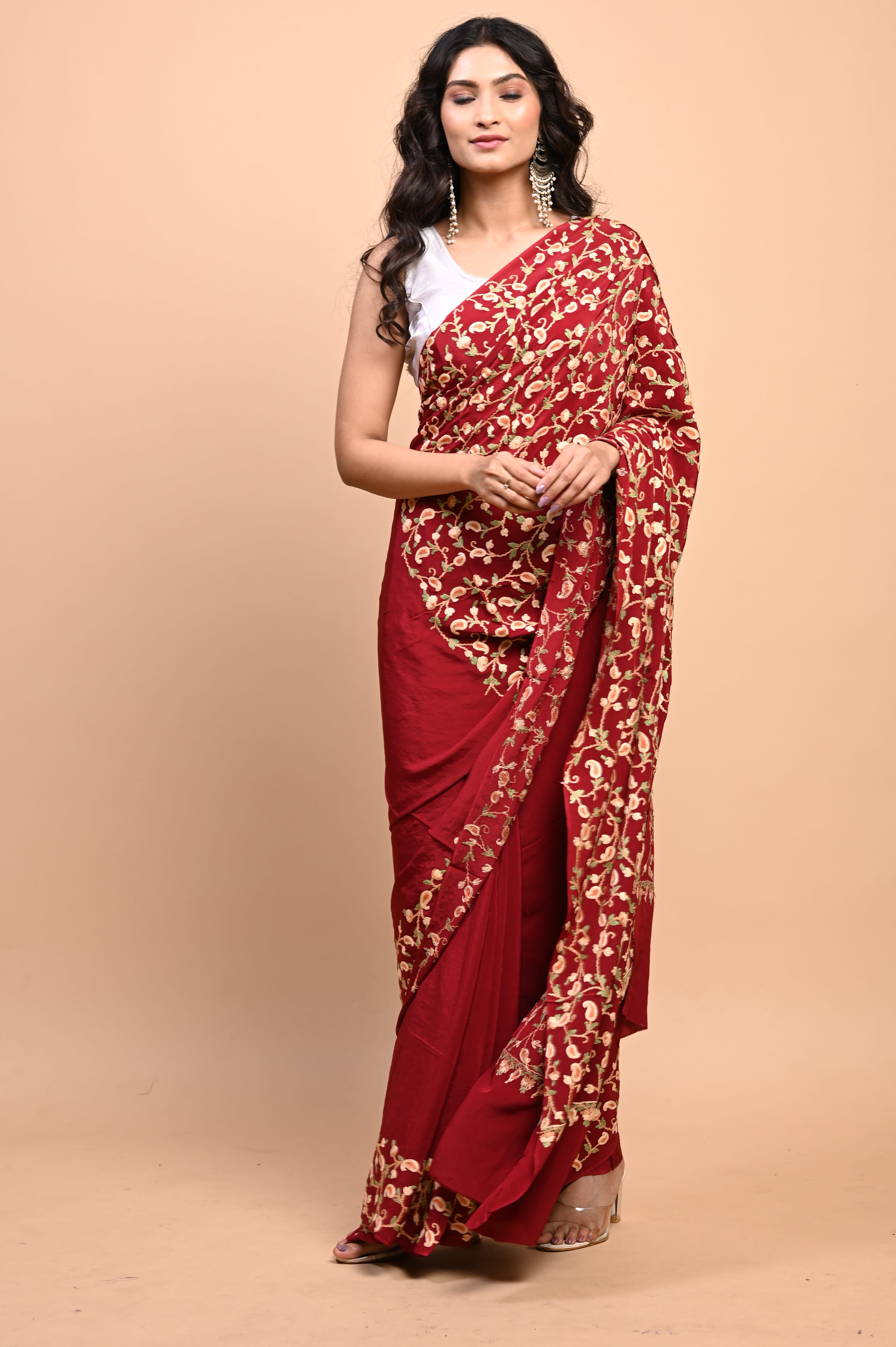 Pure Crepe Chinon Silk Aari Embriodery Kashmiri Saree