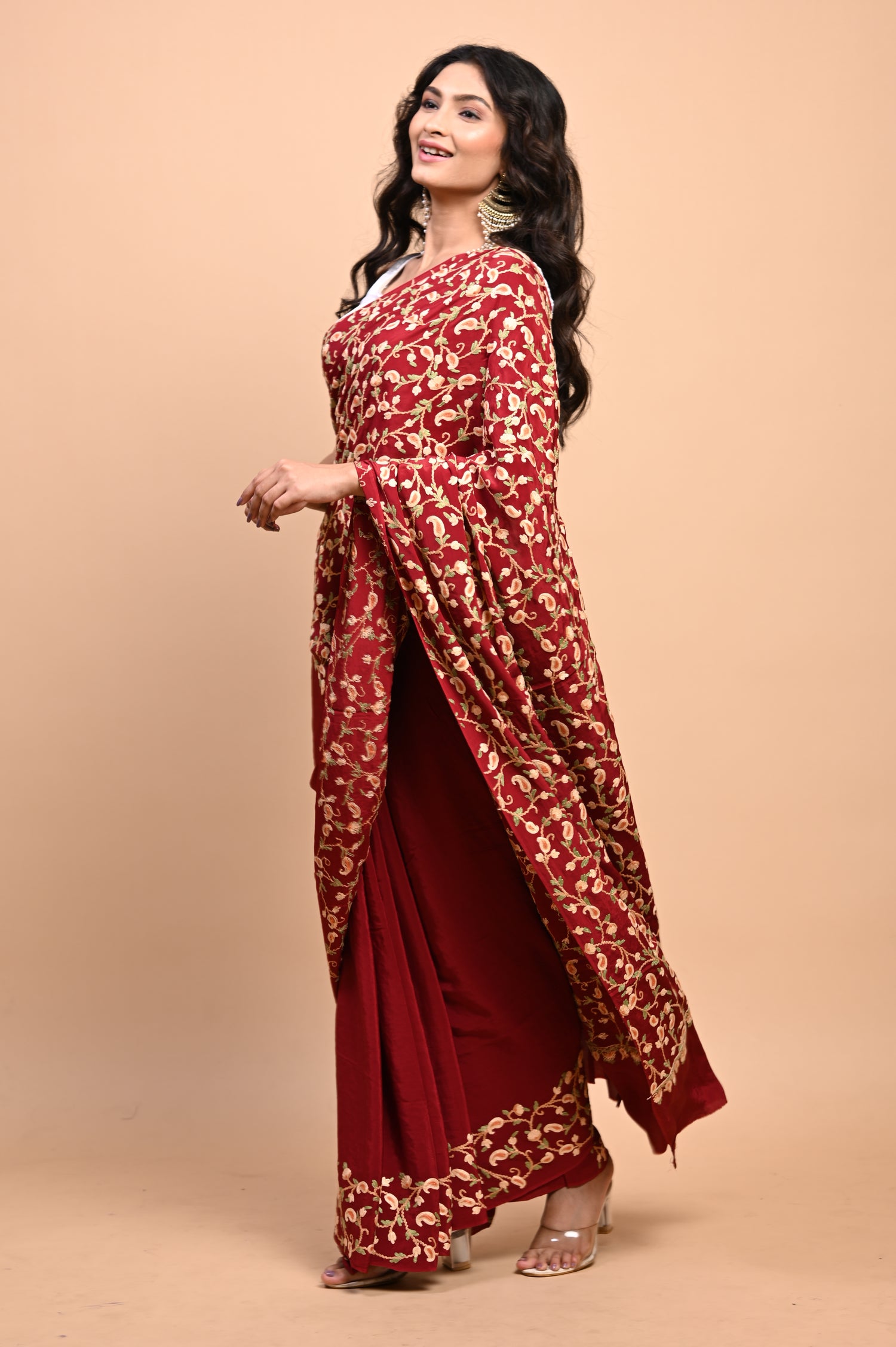 Pure Crepe Chinon Silk Aari Embriodery Kashmiri Saree