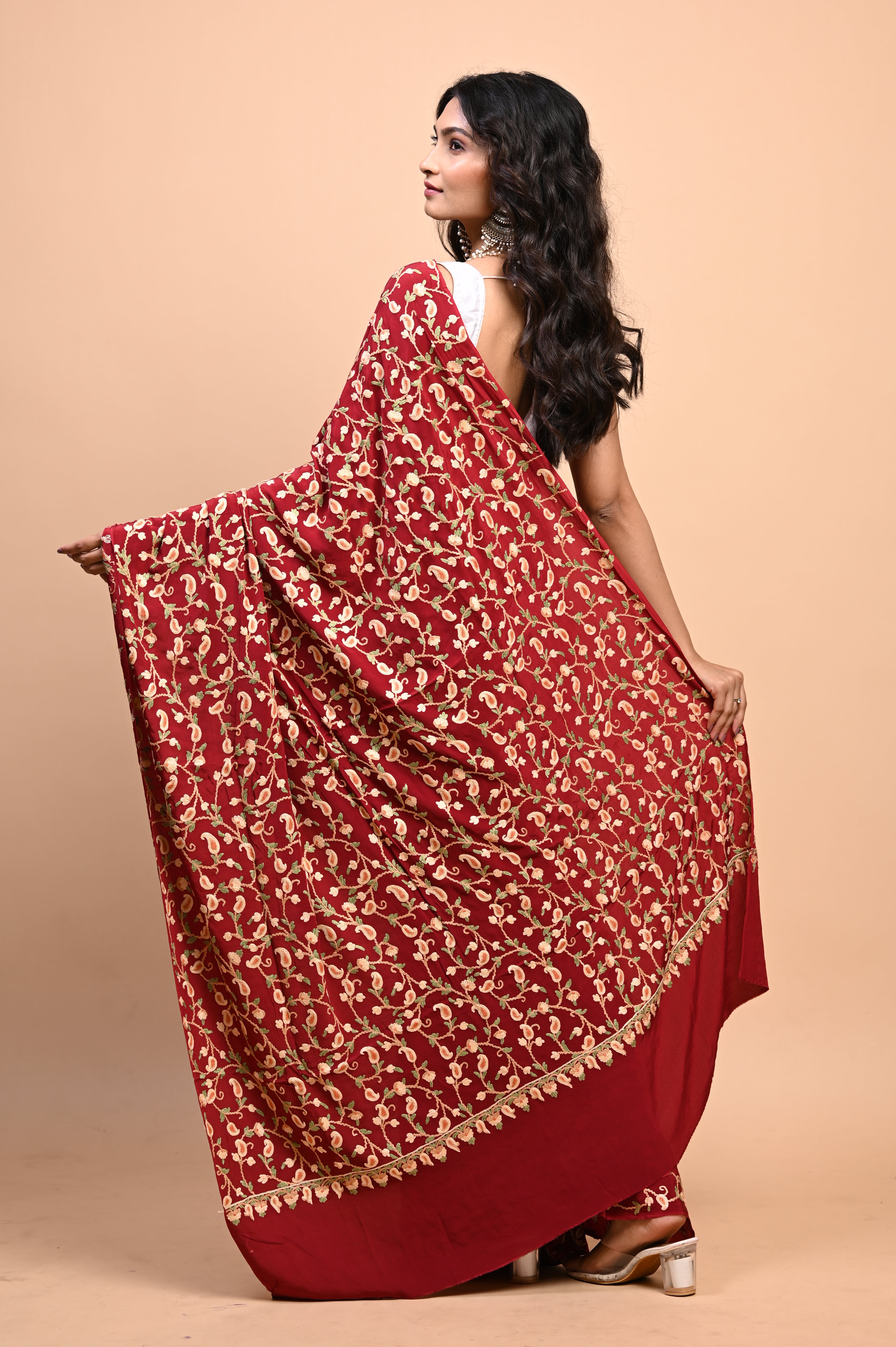 Pure Crepe Chinon Silk Aari Embriodery Kashmiri Saree