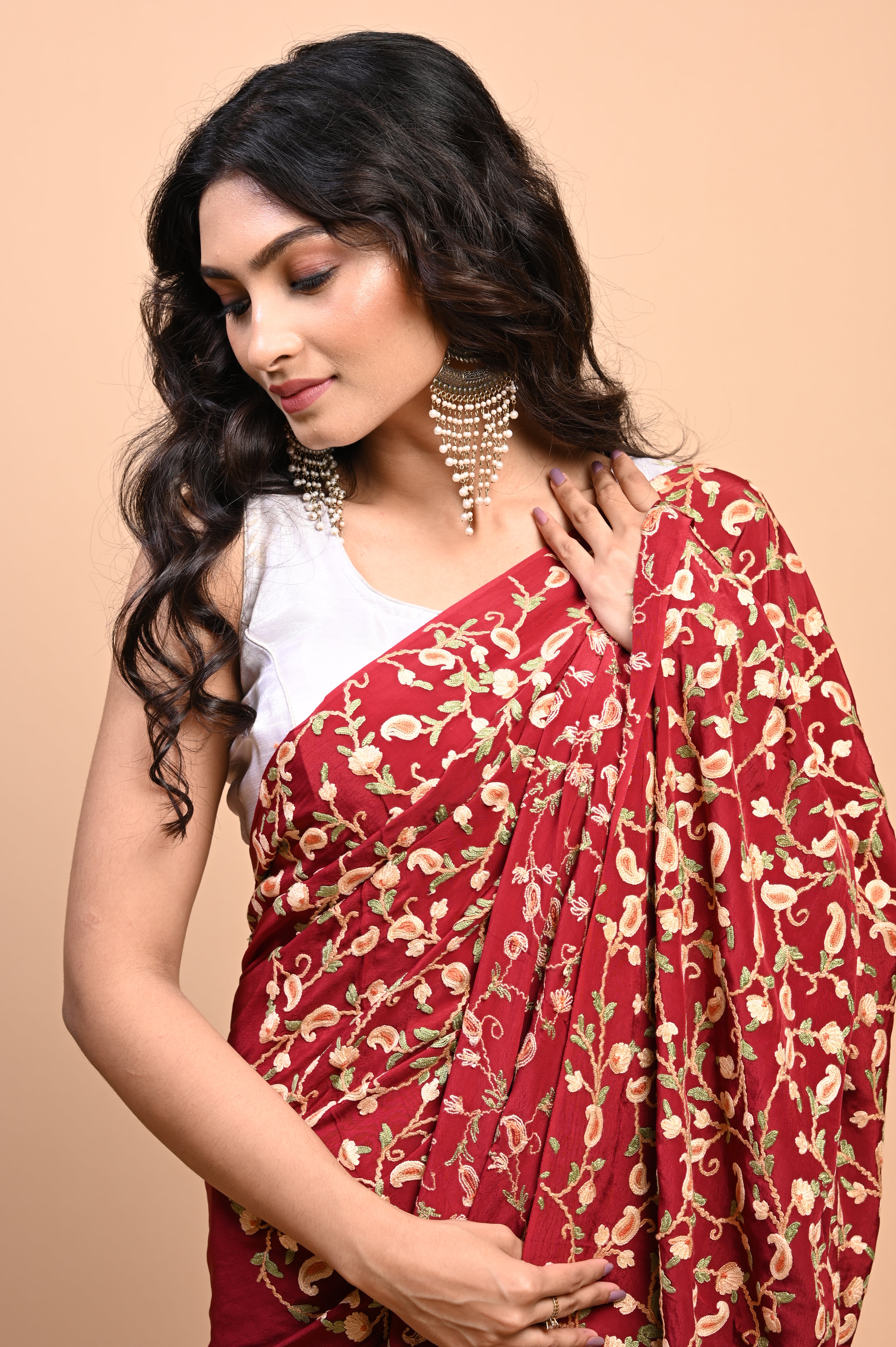 Pure Crepe Chinon Silk Aari Embriodery Kashmiri Saree