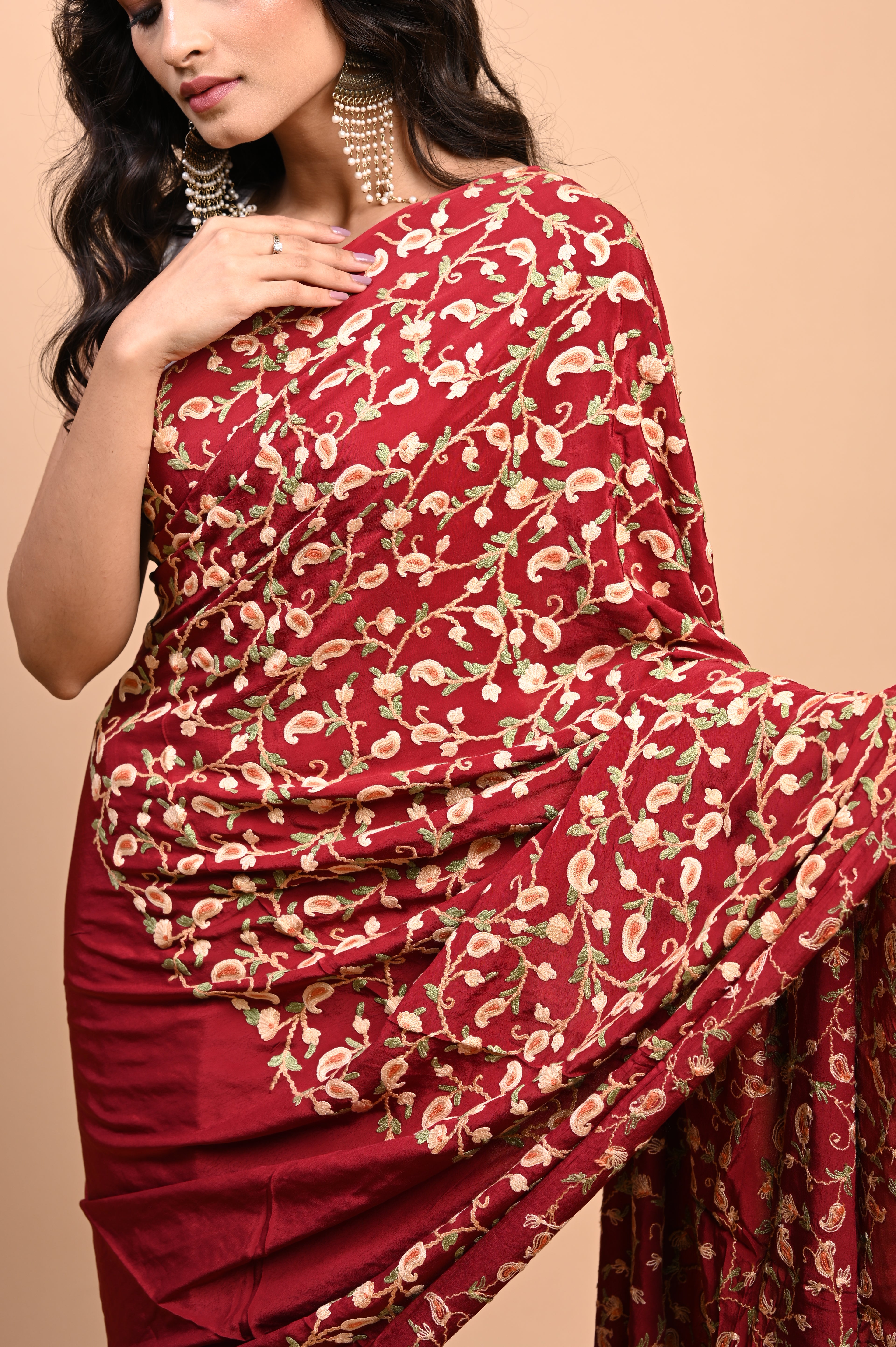 Pure Crepe Chinon Silk Aari Embriodery Kashmiri Saree