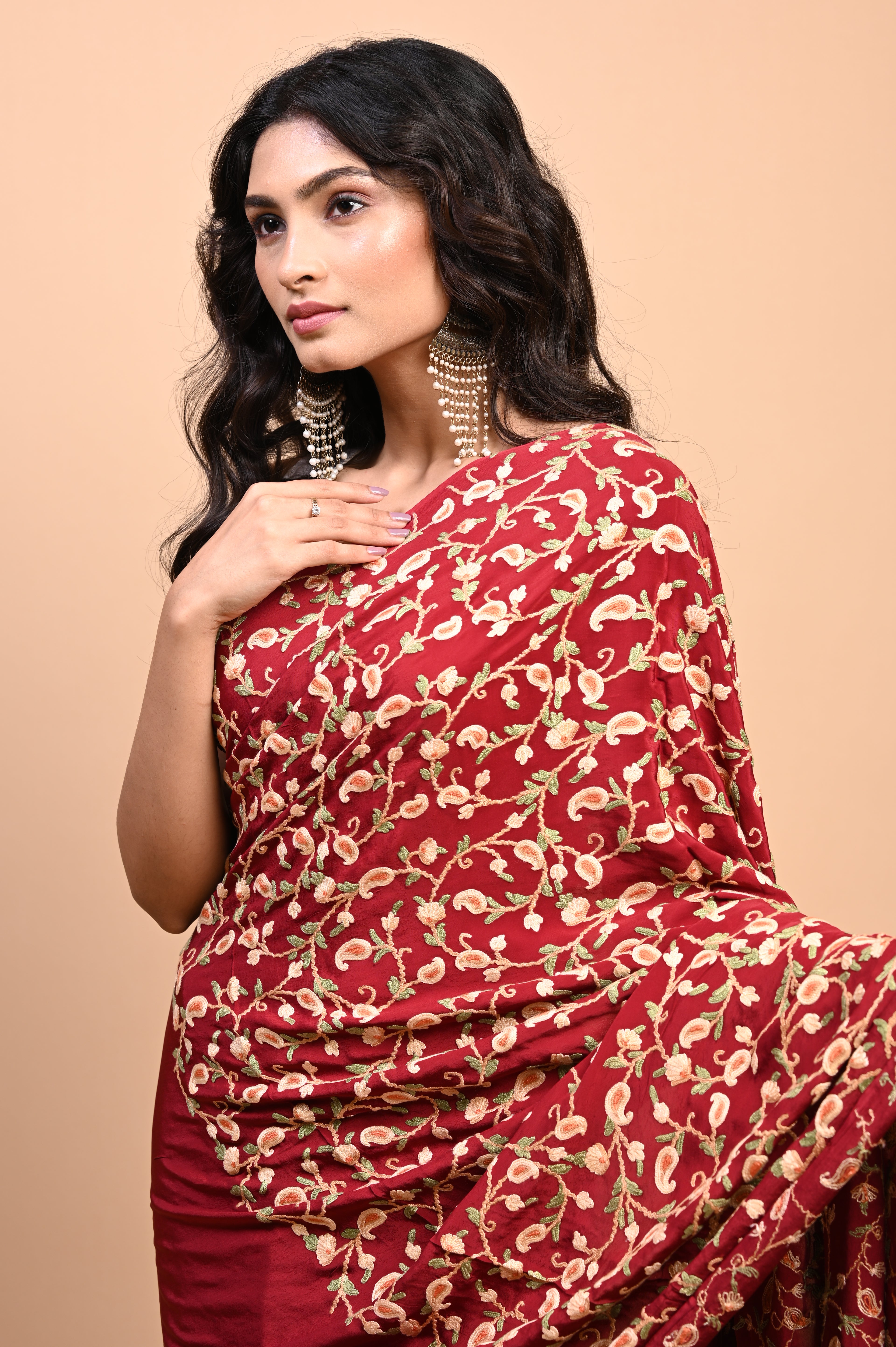Pure Crepe Chinon Silk Aari Embriodery Kashmiri Saree
