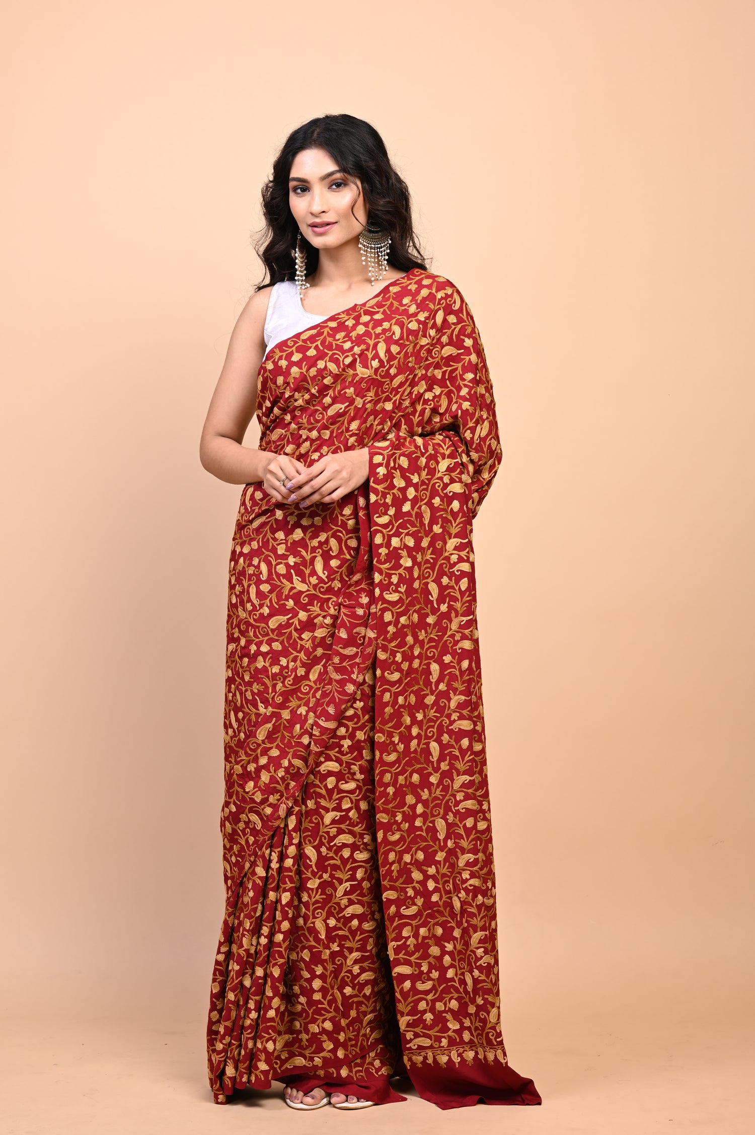 Pure Crepe Chinon Silk Aari Embriodery Kashmiri Saree
