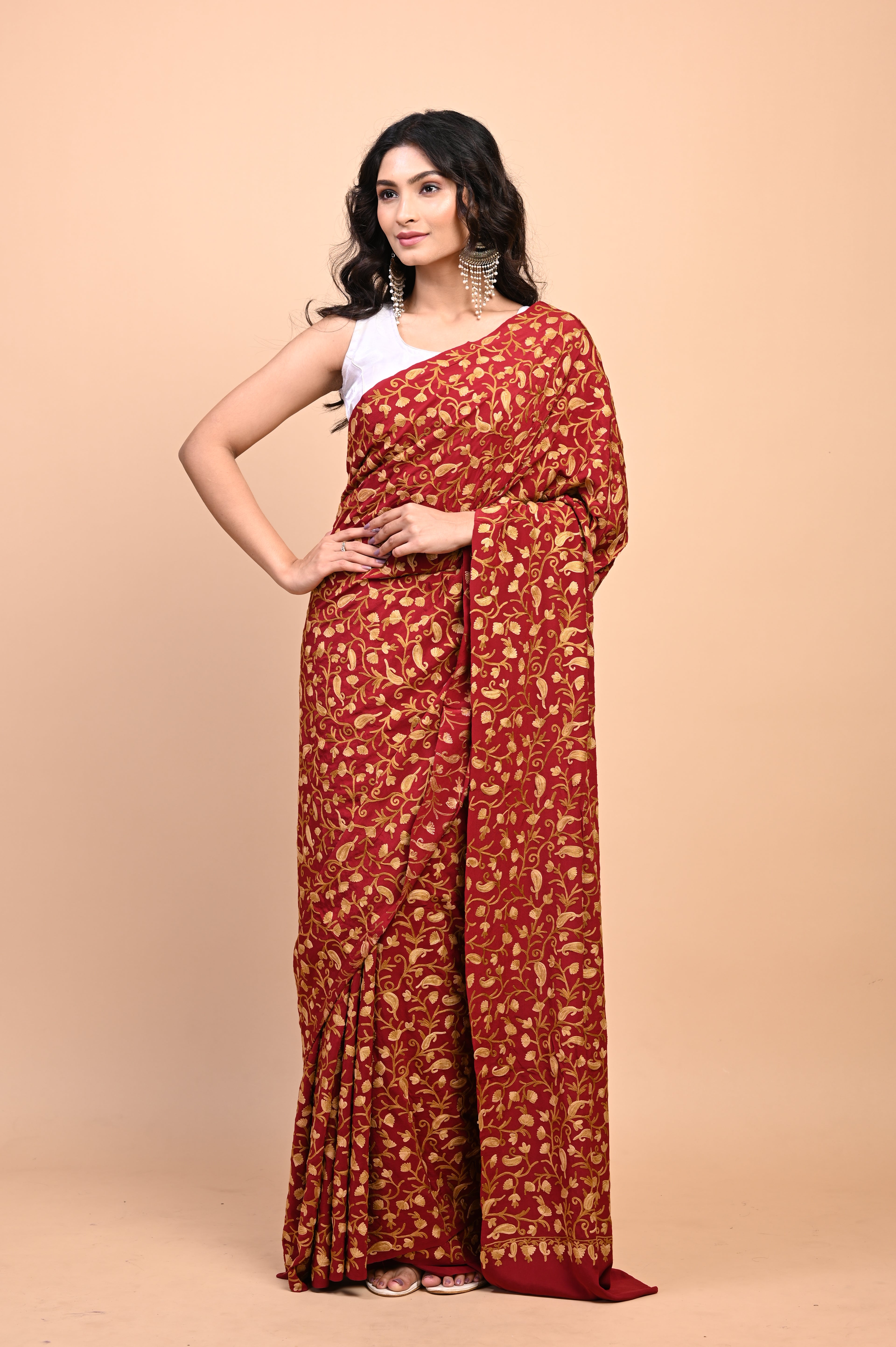 Pure Crepe Chinon Silk Aari Embriodery Kashmiri Saree