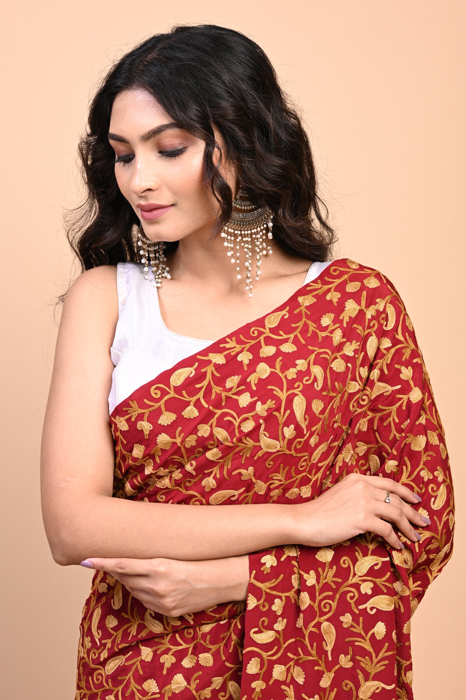 Pure Crepe Chinon Silk Aari Embriodery Kashmiri Saree