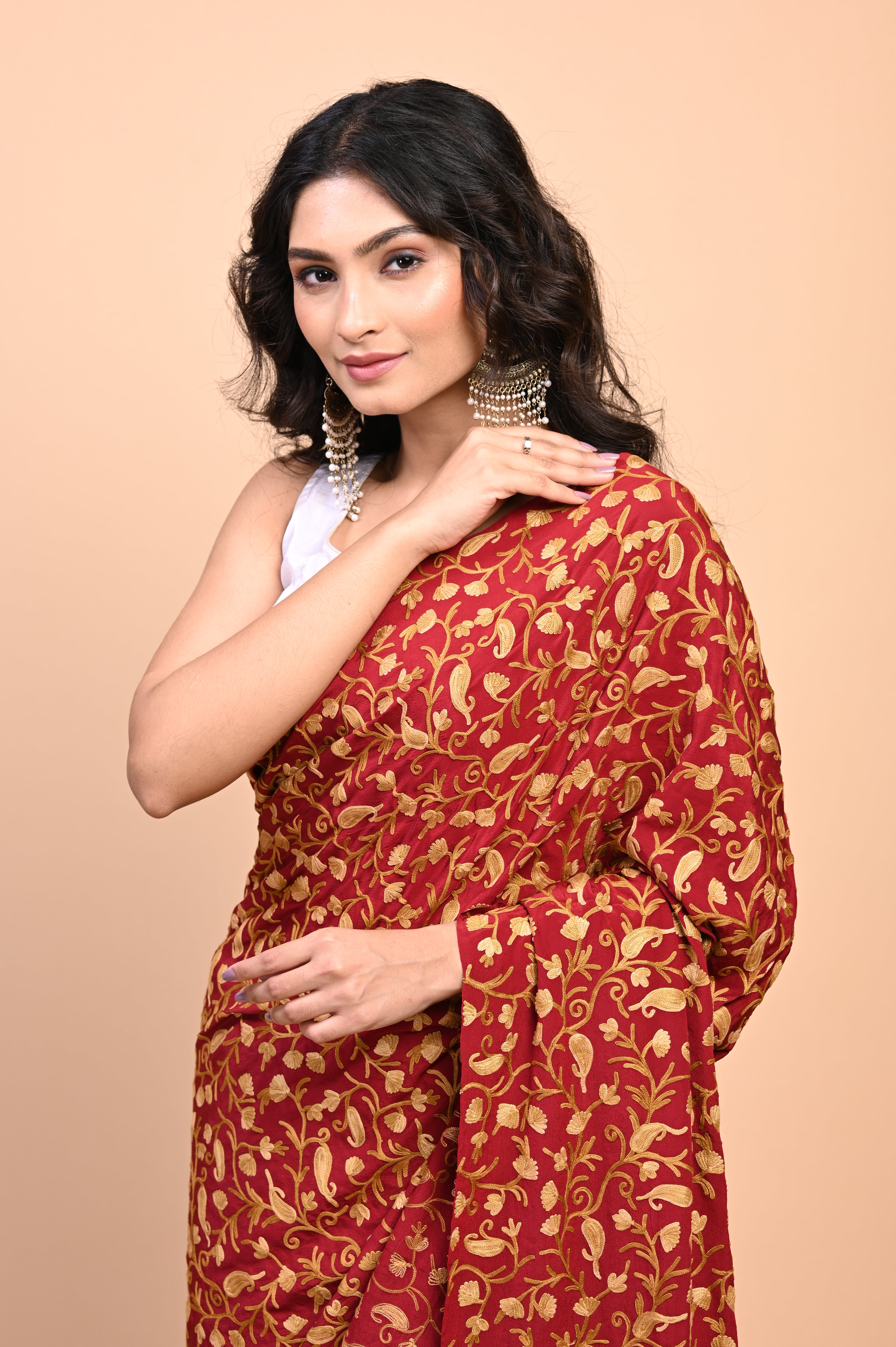 Pure Crepe Chinon Silk Aari Embriodery Kashmiri Saree